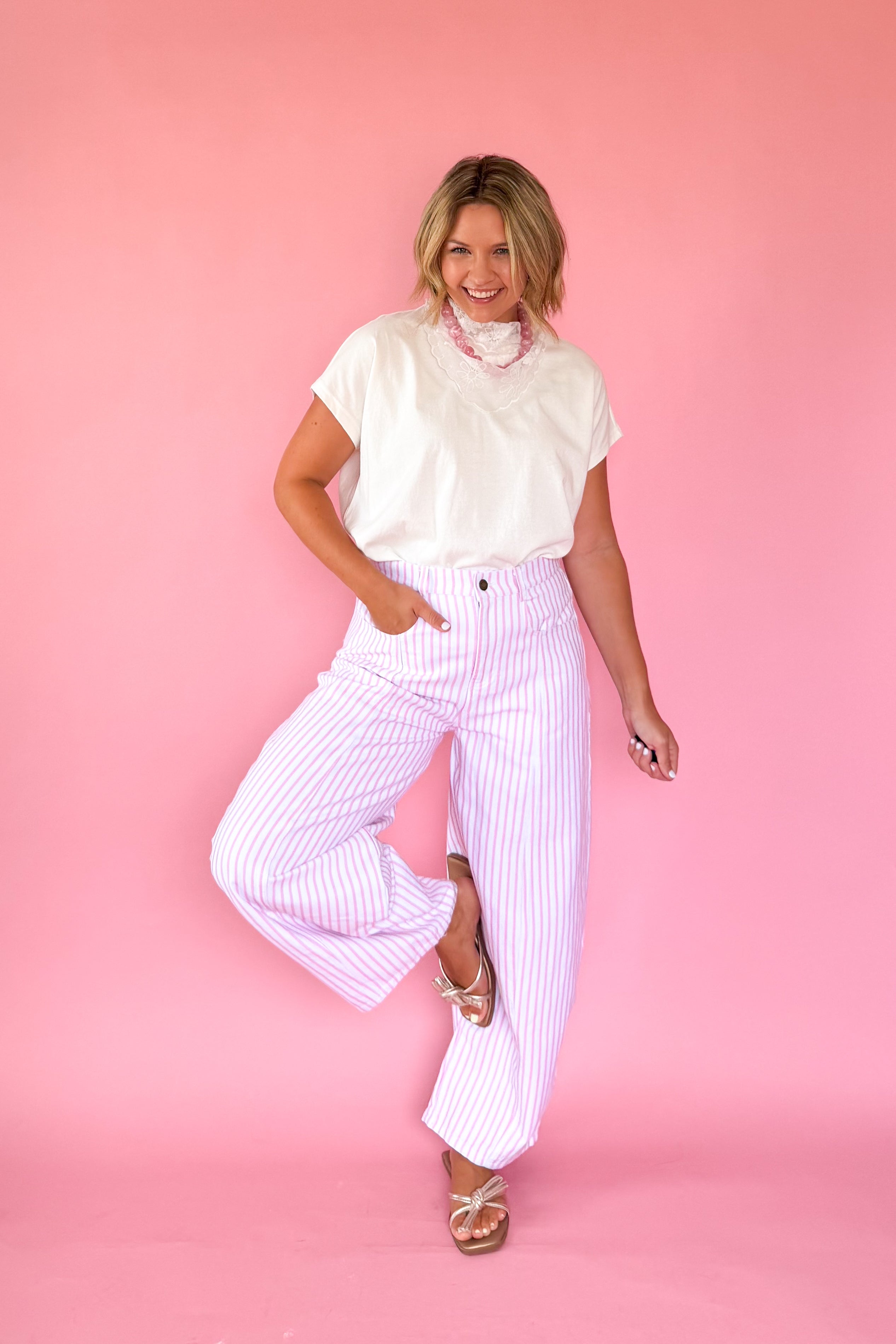 peach love California white & pink stripe barrel pant