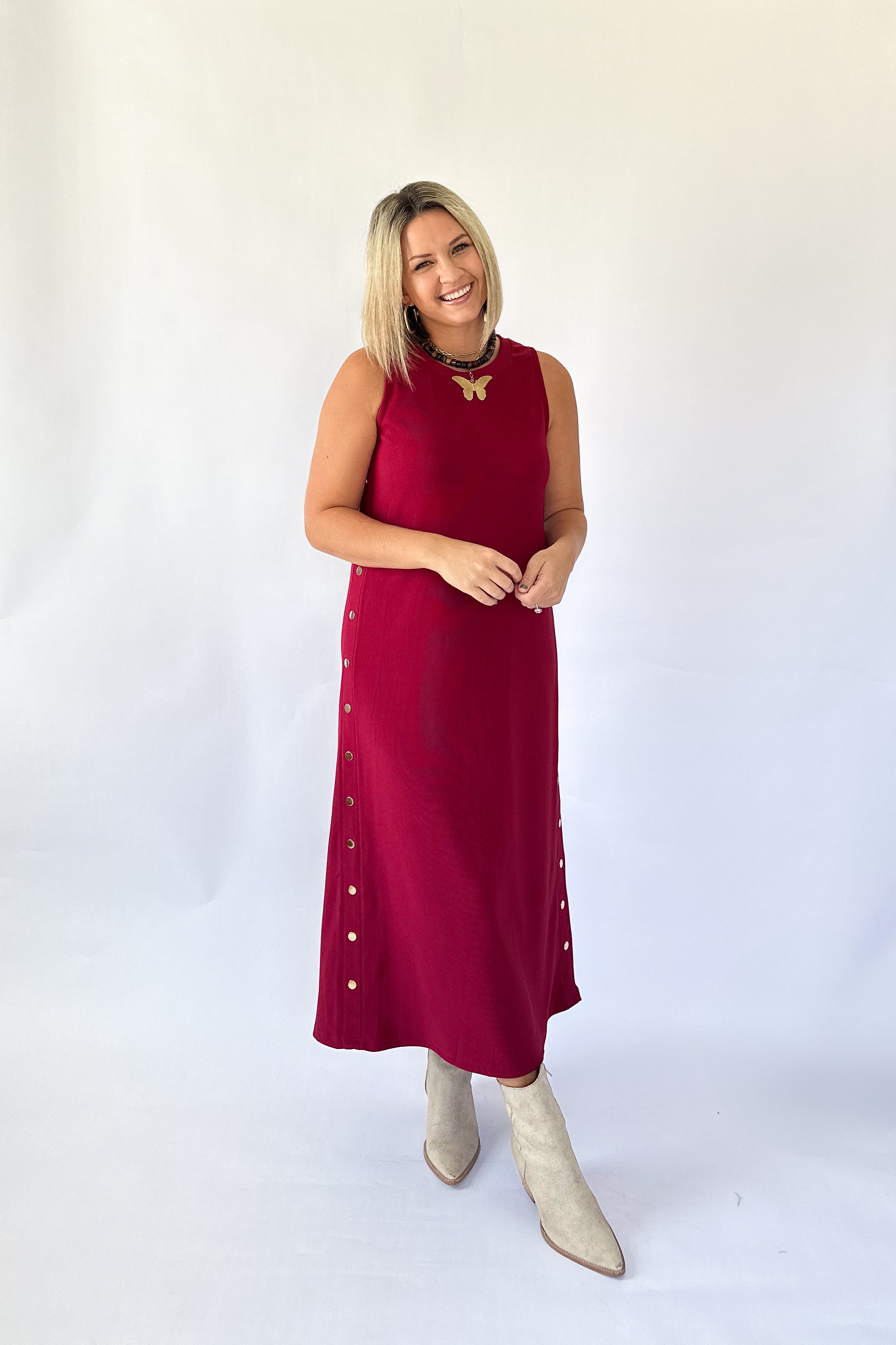 entro cherry ribbed maxi dress with gold studs