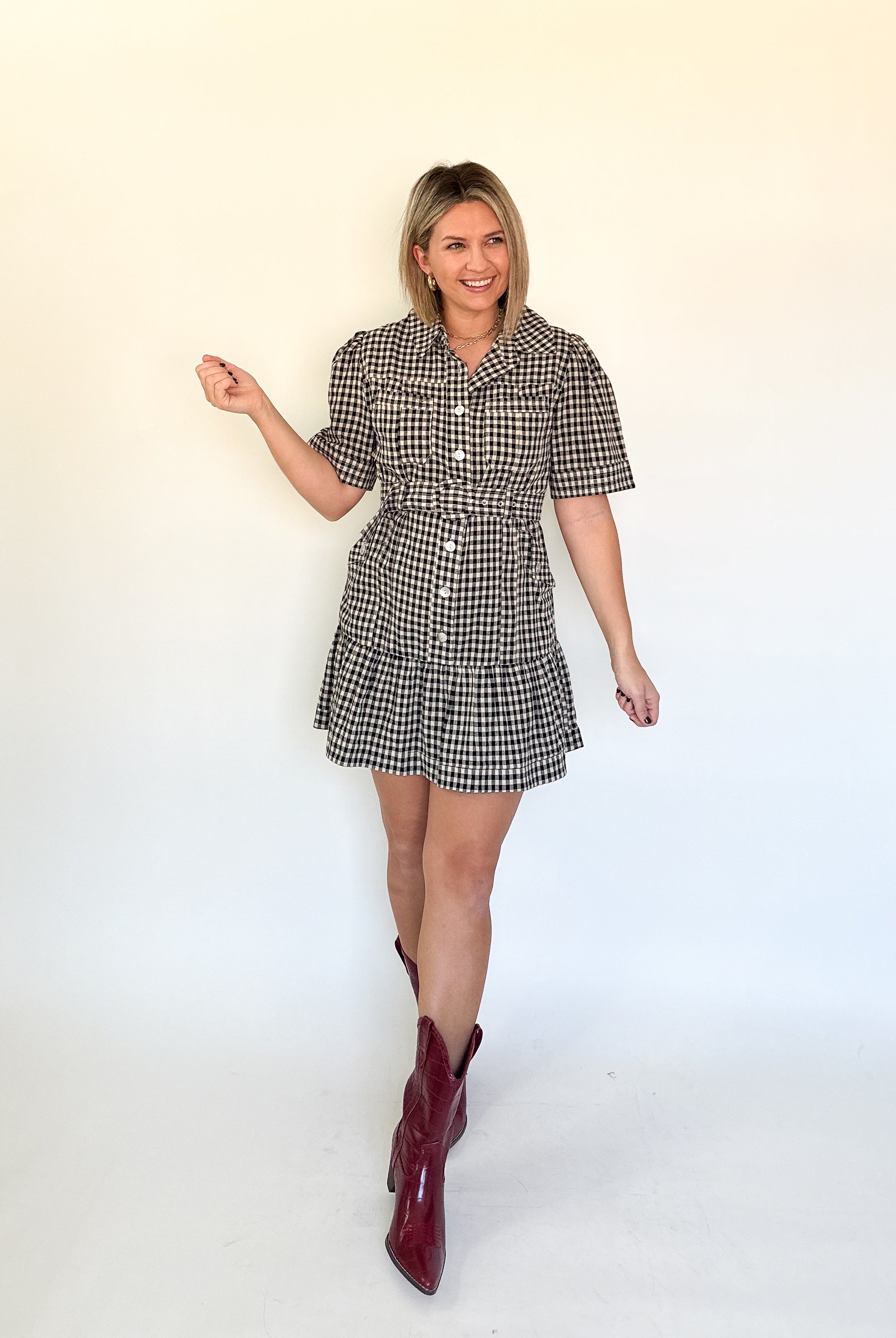 olivaceous gingham mini dress