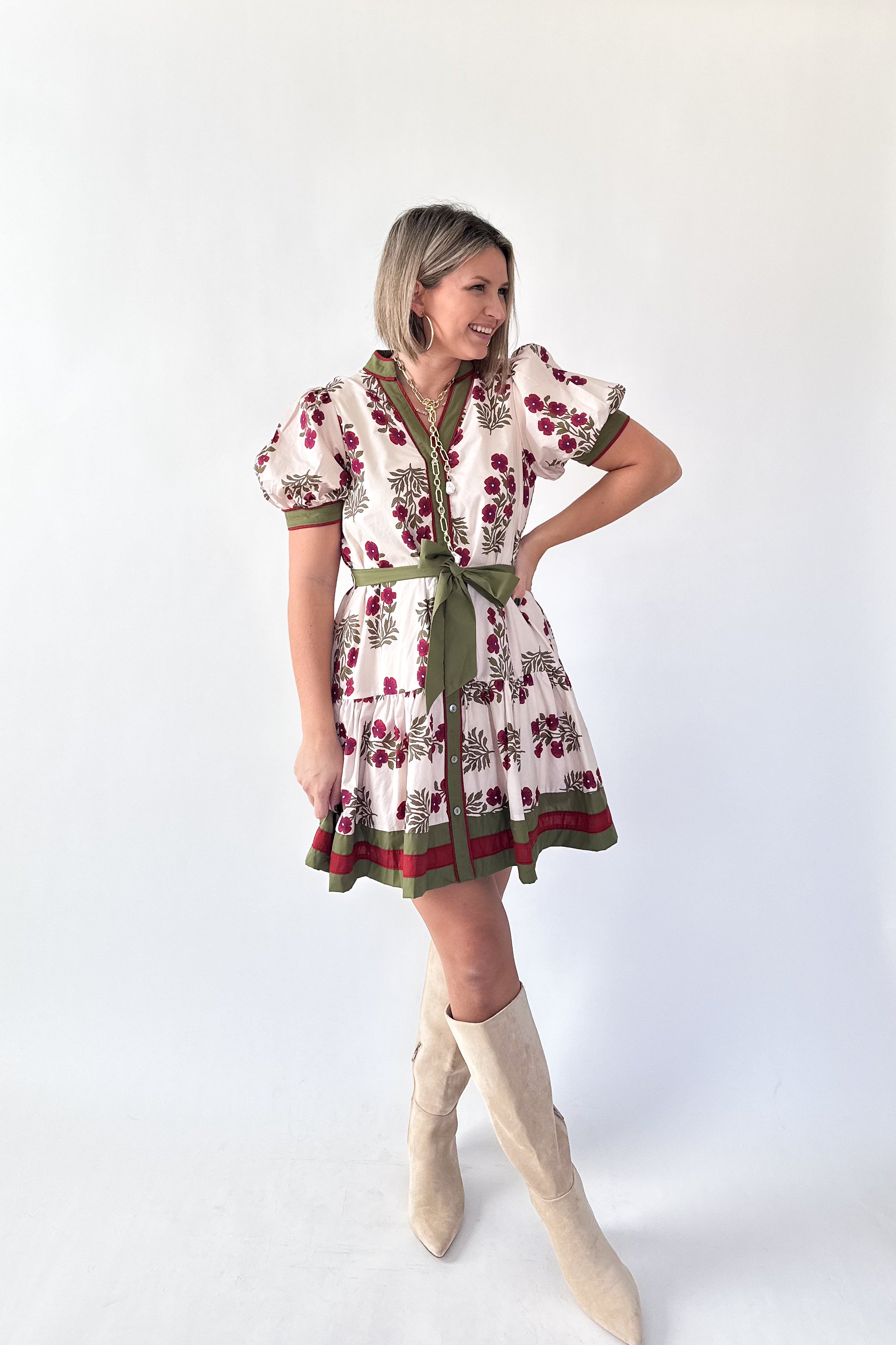 entro floral burgundy & green mini dress