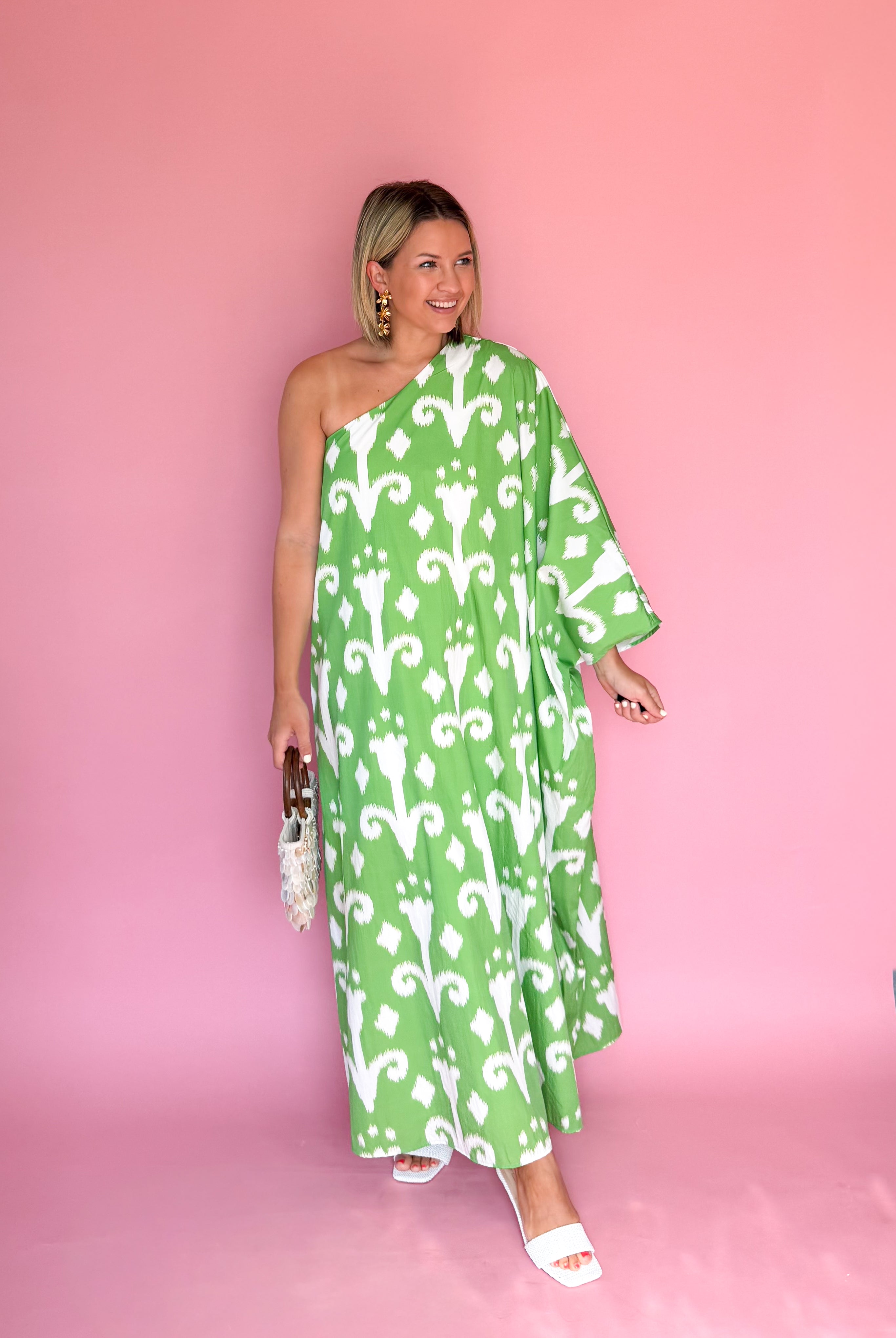 tcec lime green printed one shoulder maxi dress