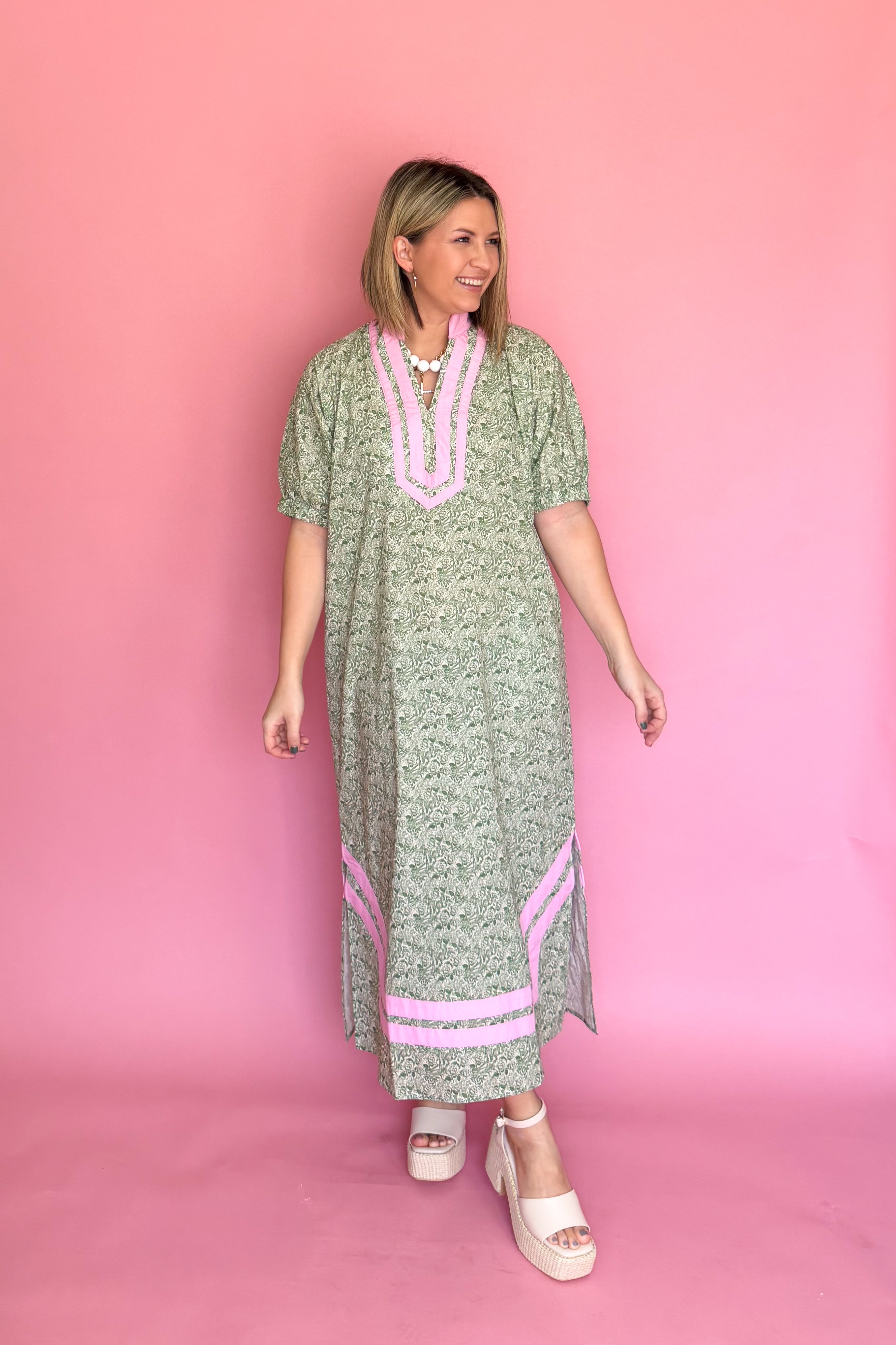 ENTRO GREEN PRINT MAXI WITH PINK TRIM