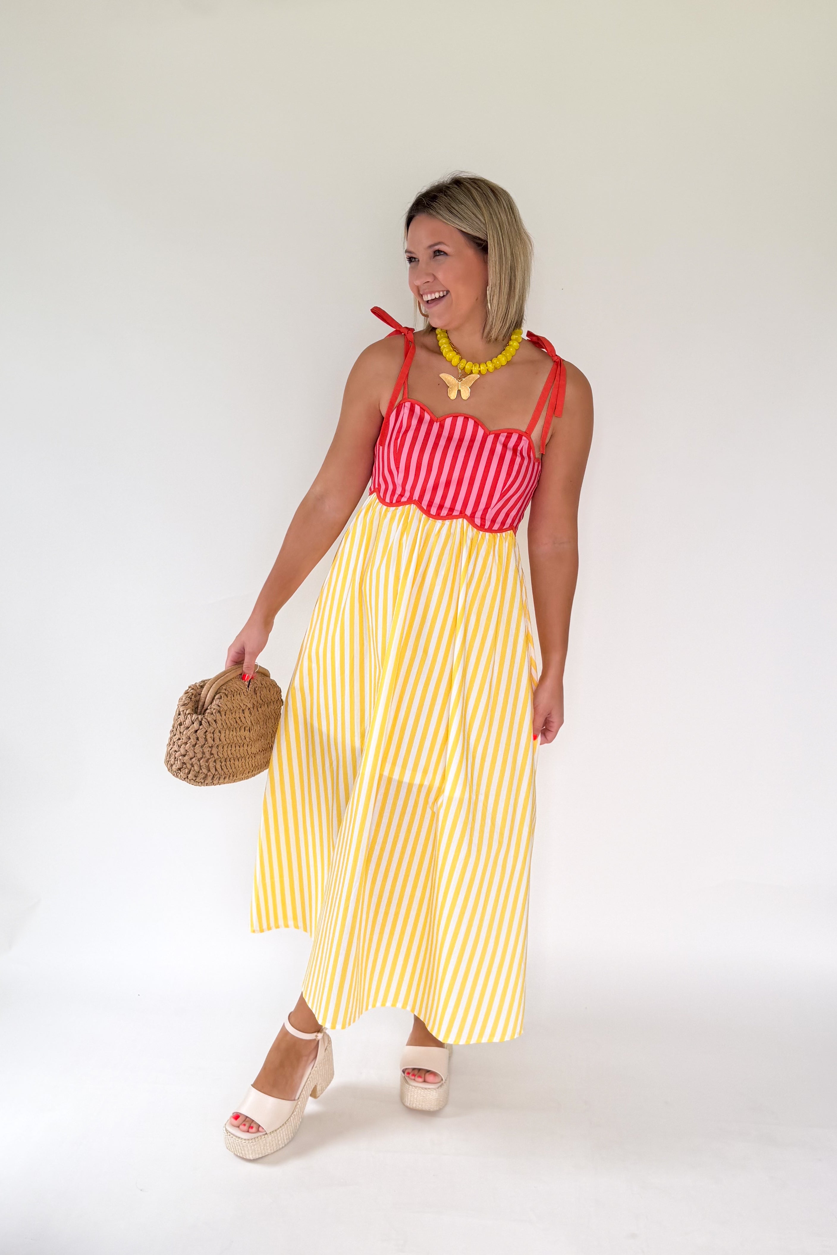 entro stripe scallop maxi dress