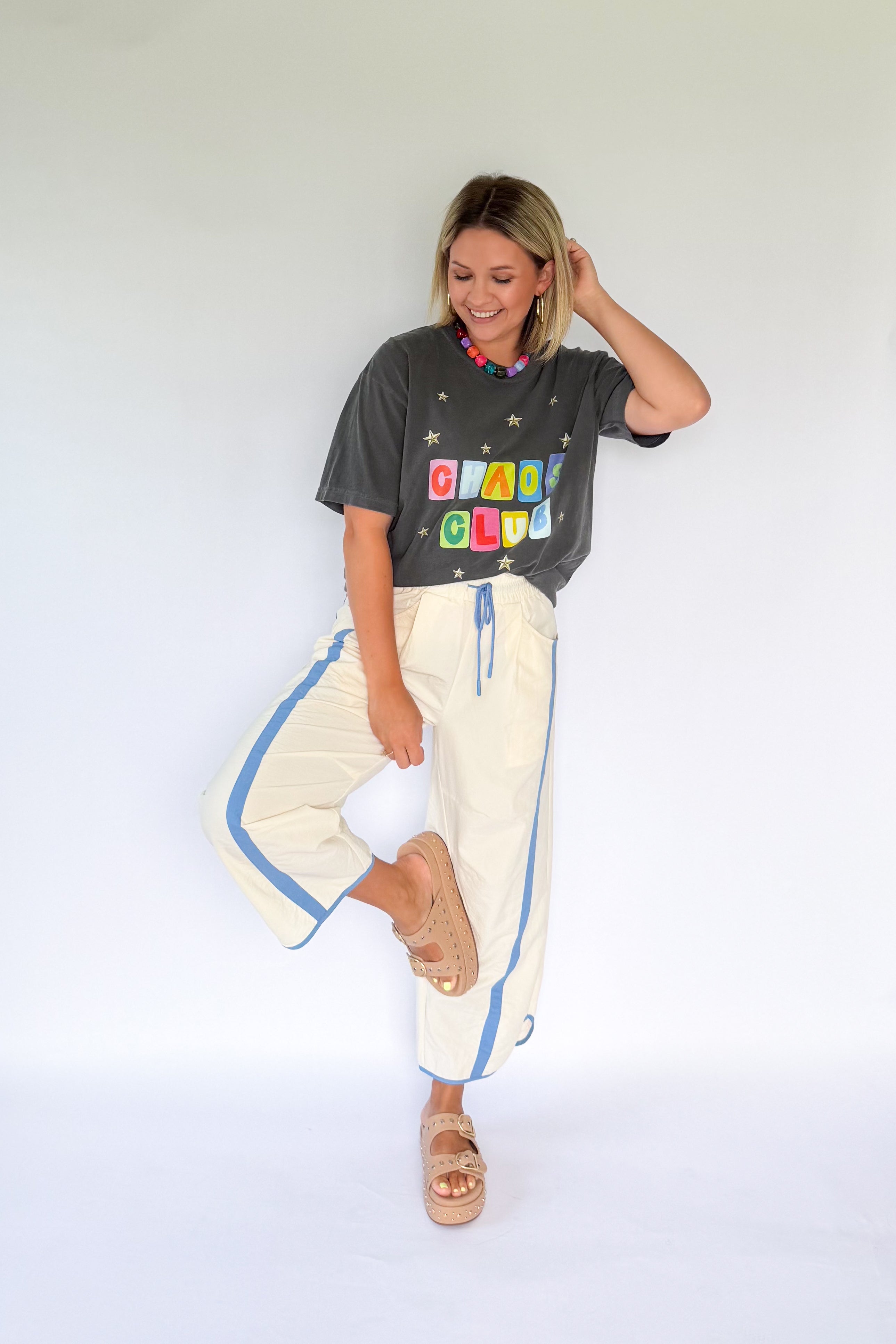 Bucketlist cream & blue windbreaker pants free people dupe