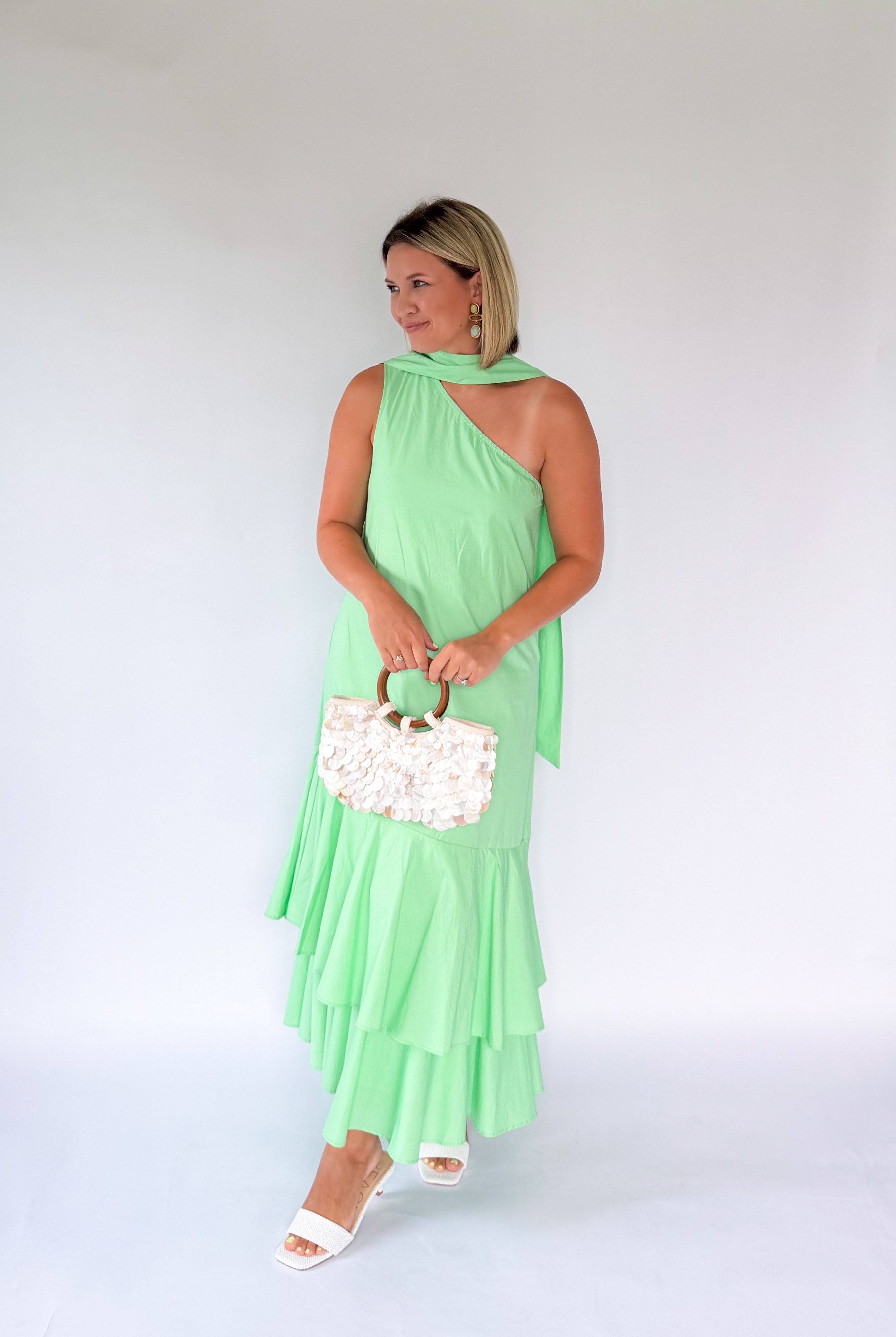 tcec mint green one shoulder ruffle maxi