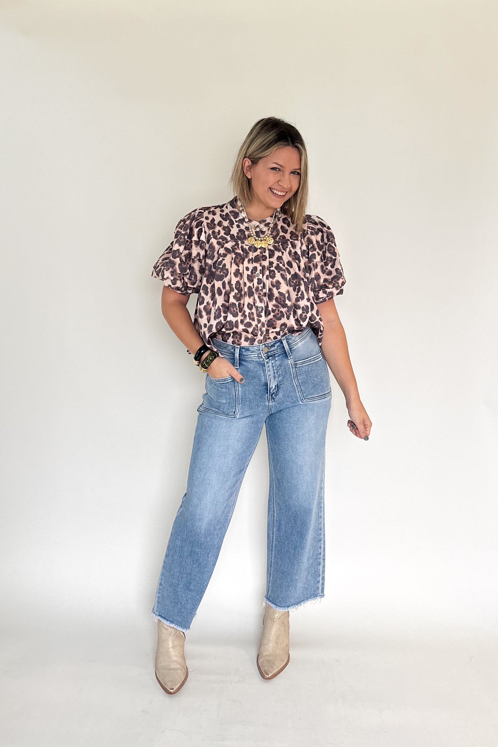 Leopard Denim Pleat Top By Karlie
