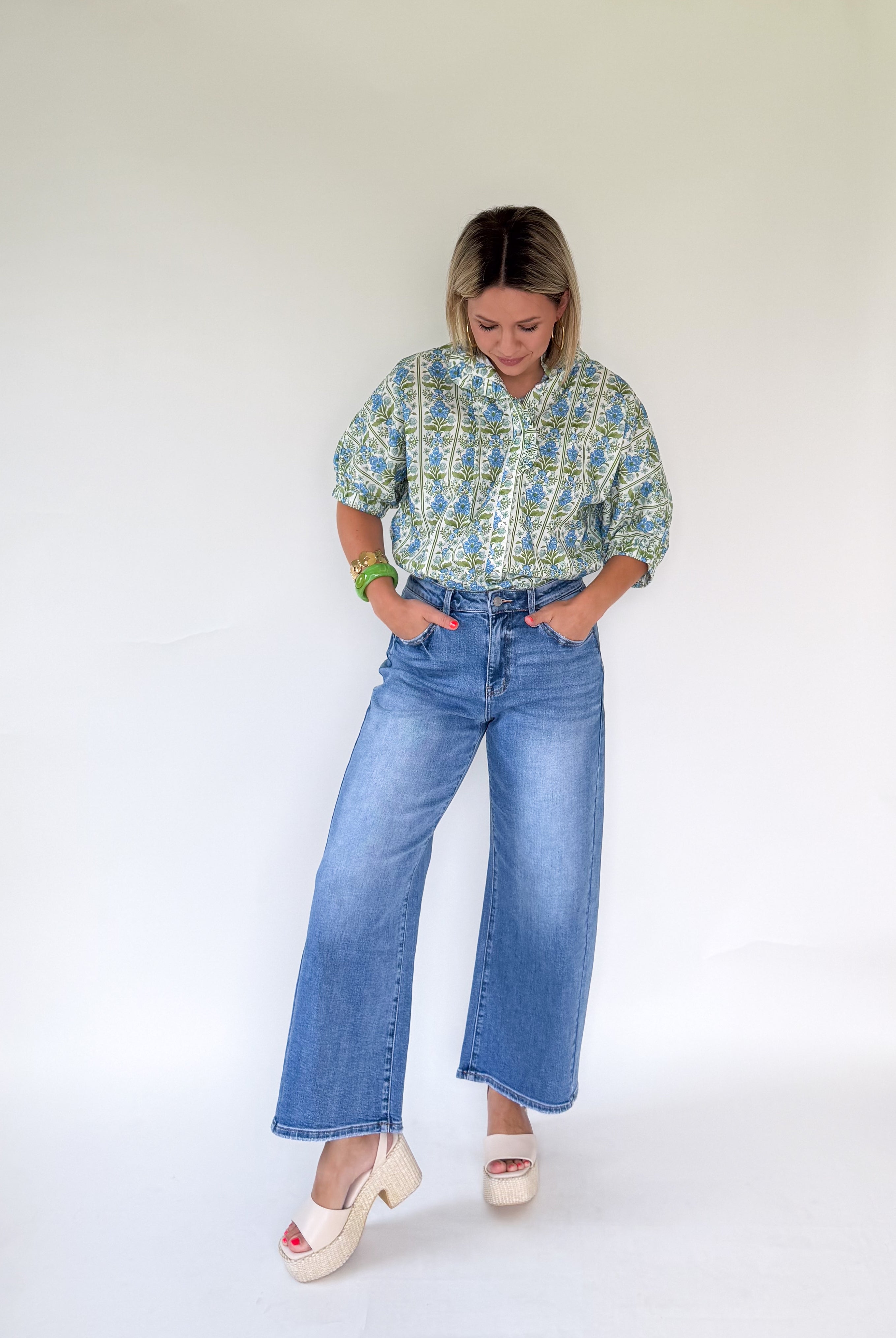 entro blue and green floral top
