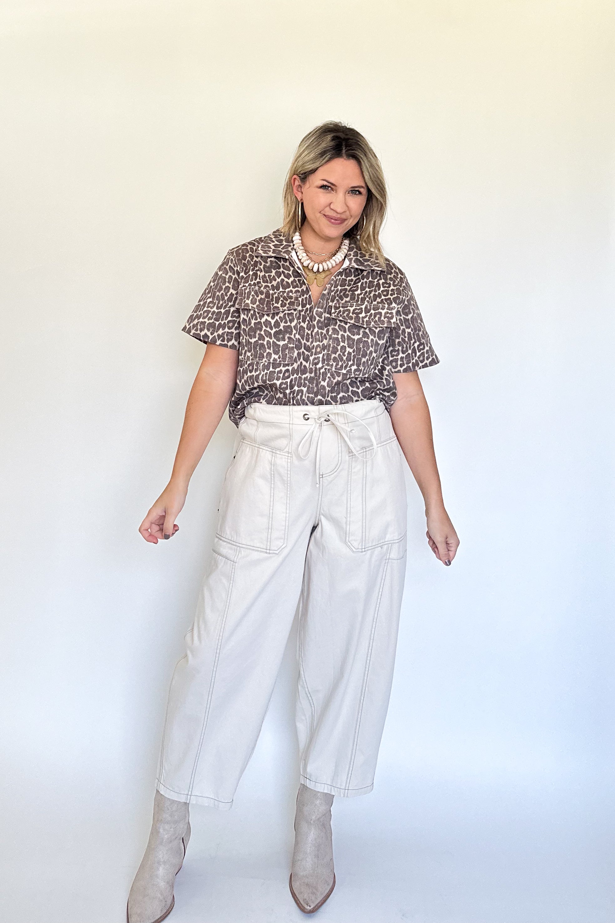 karlie denim leopard pocket top