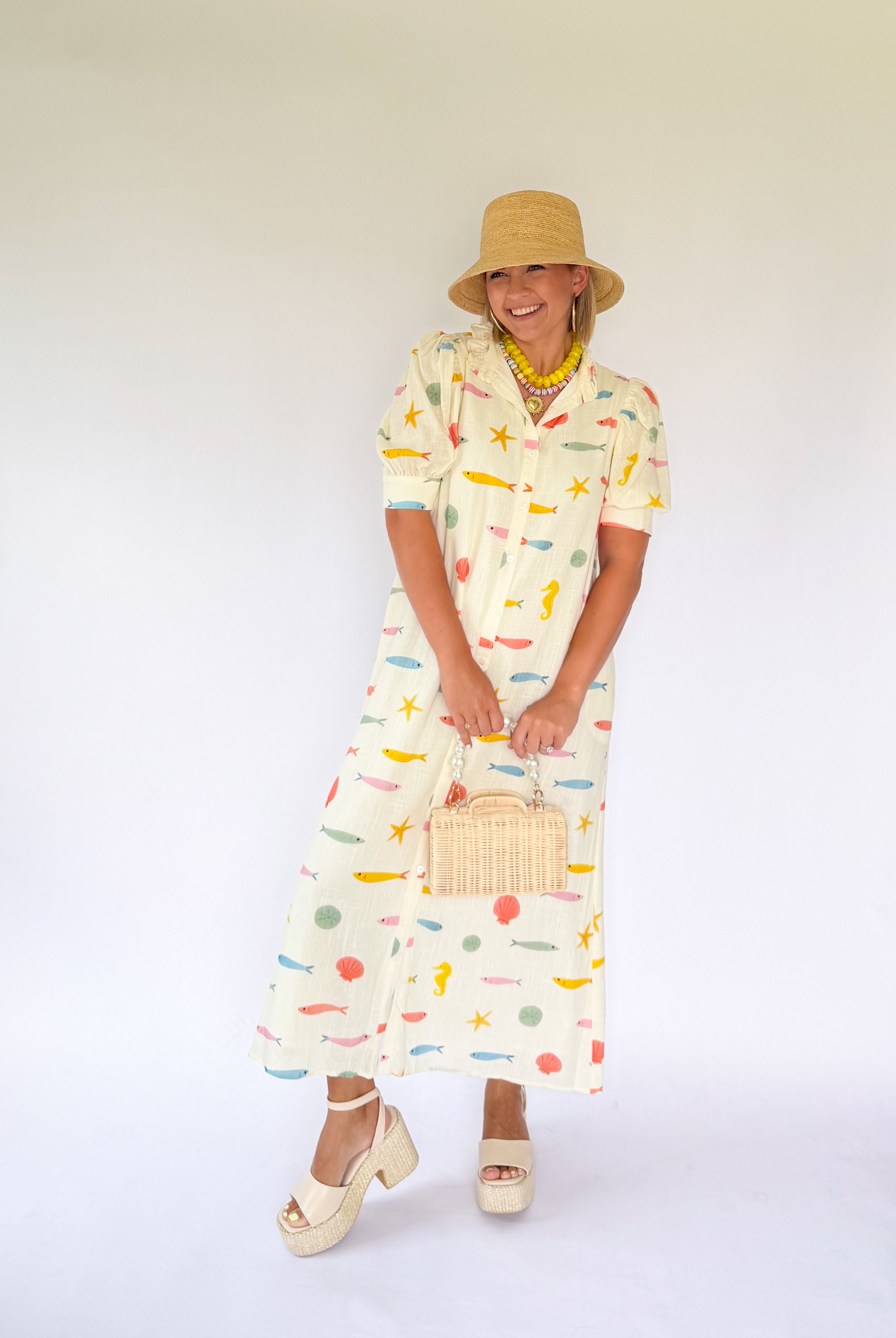 Fish Ruffle Neck Shirt Maxi By Karlie