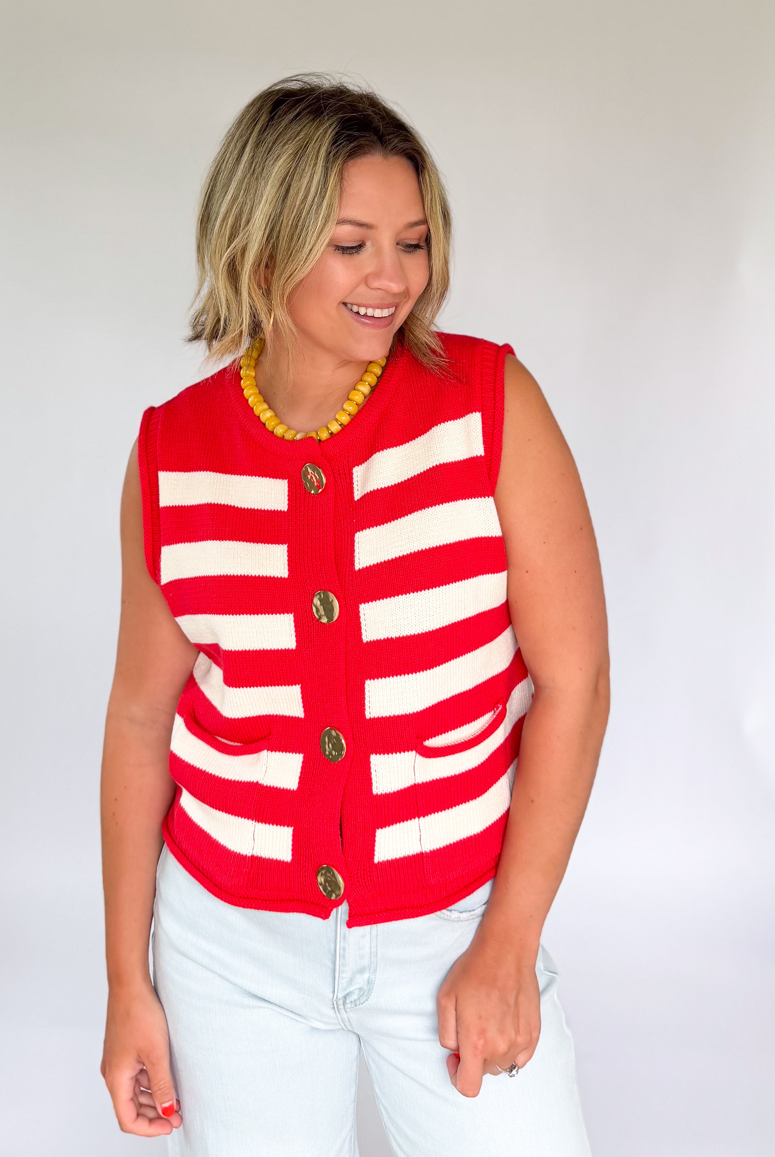 entro red & white sweater with gold buttons