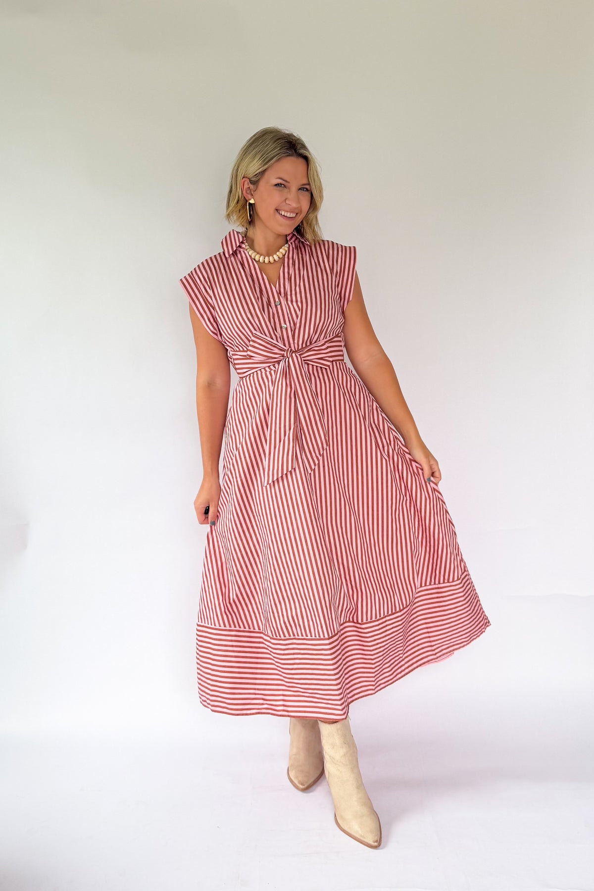 entro pink & brown stripe tie maxi dress