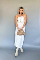 sofie the label white denim midi strapless dress