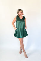 entro hunter green satin mini dress with bows