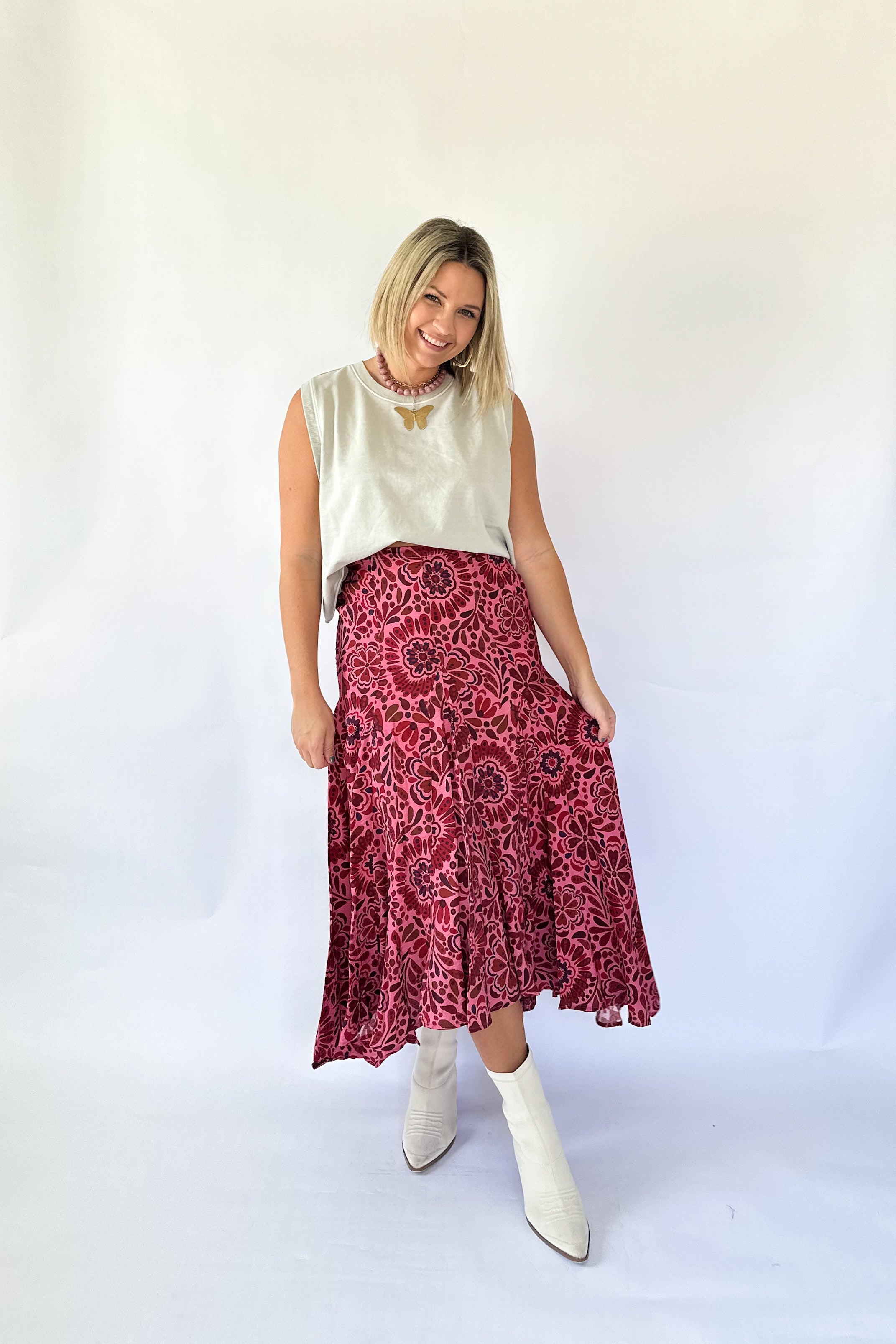 olivaeous pink printed midi skirt