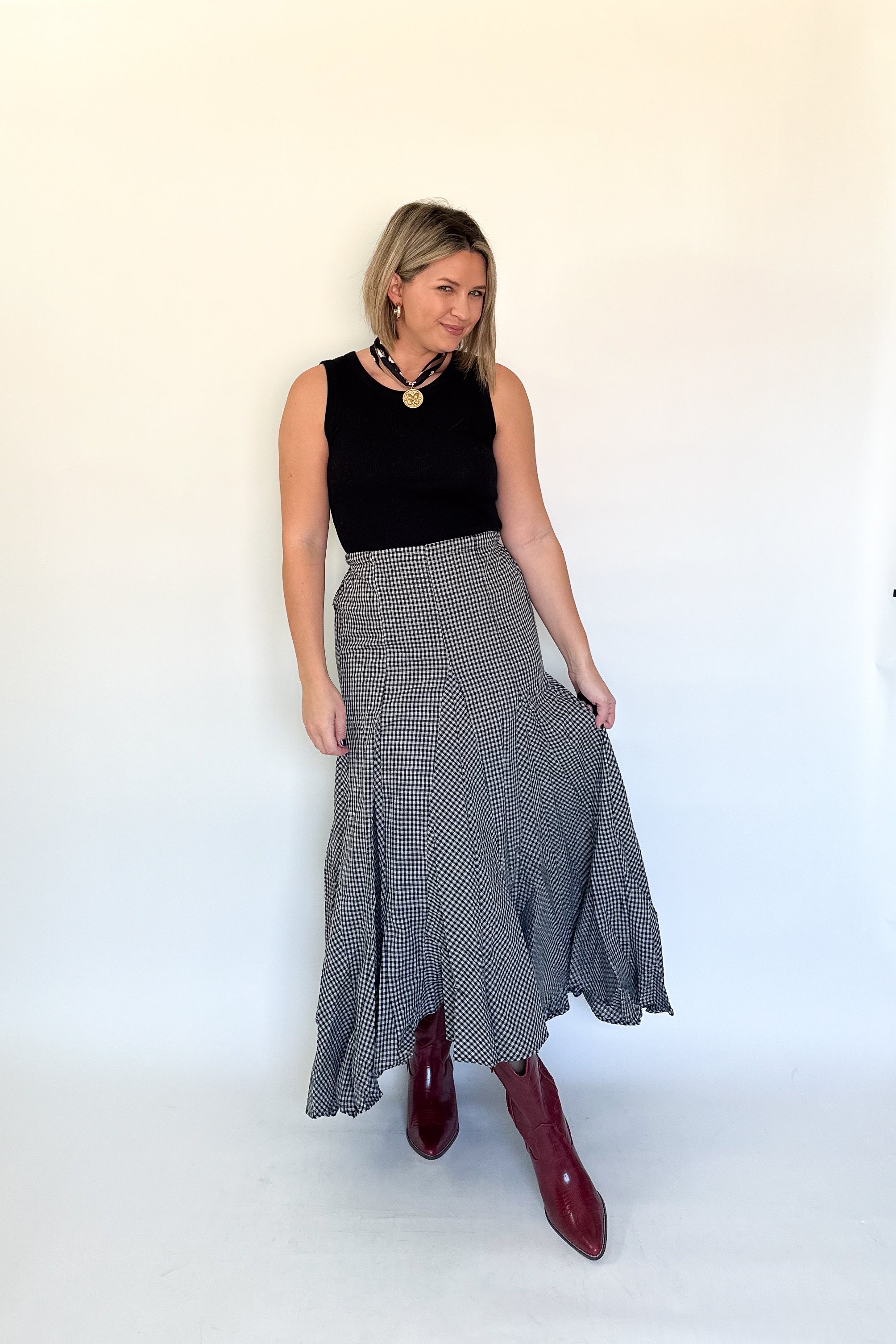 olivaceous gingham maxi skirt
