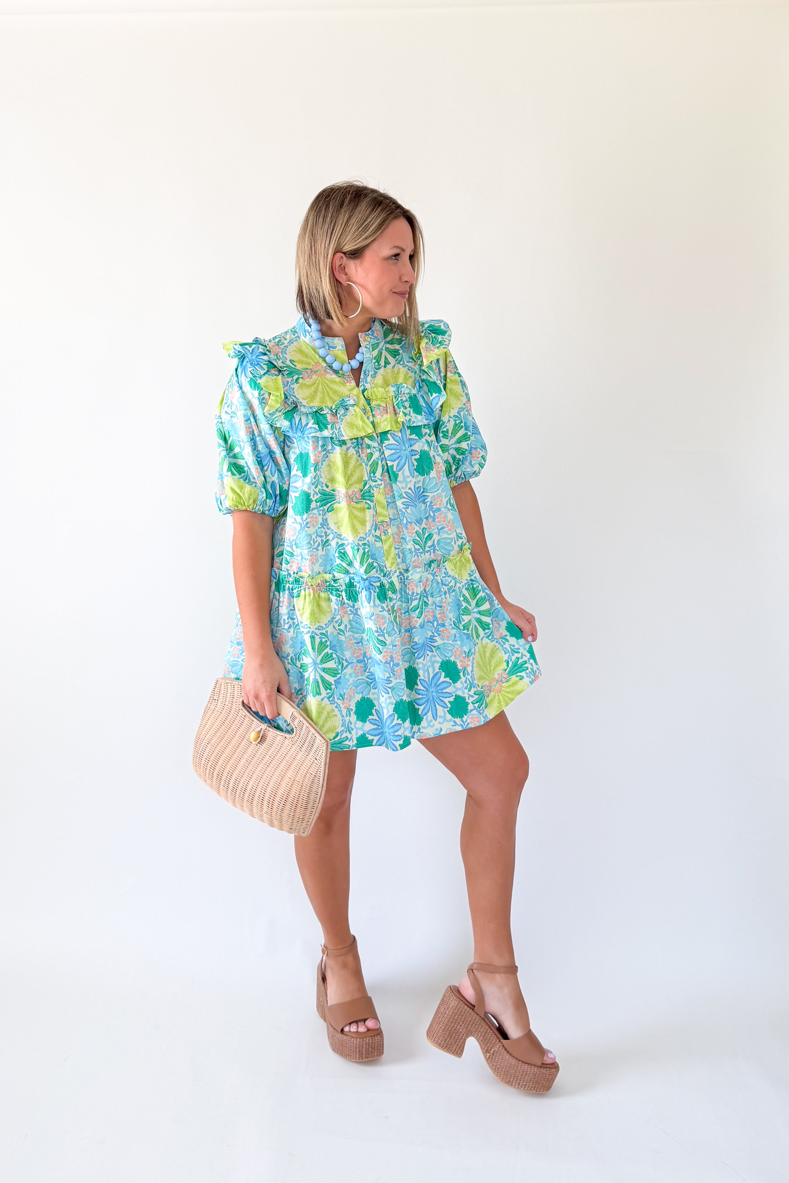 olivaceous lime and blue mini dress