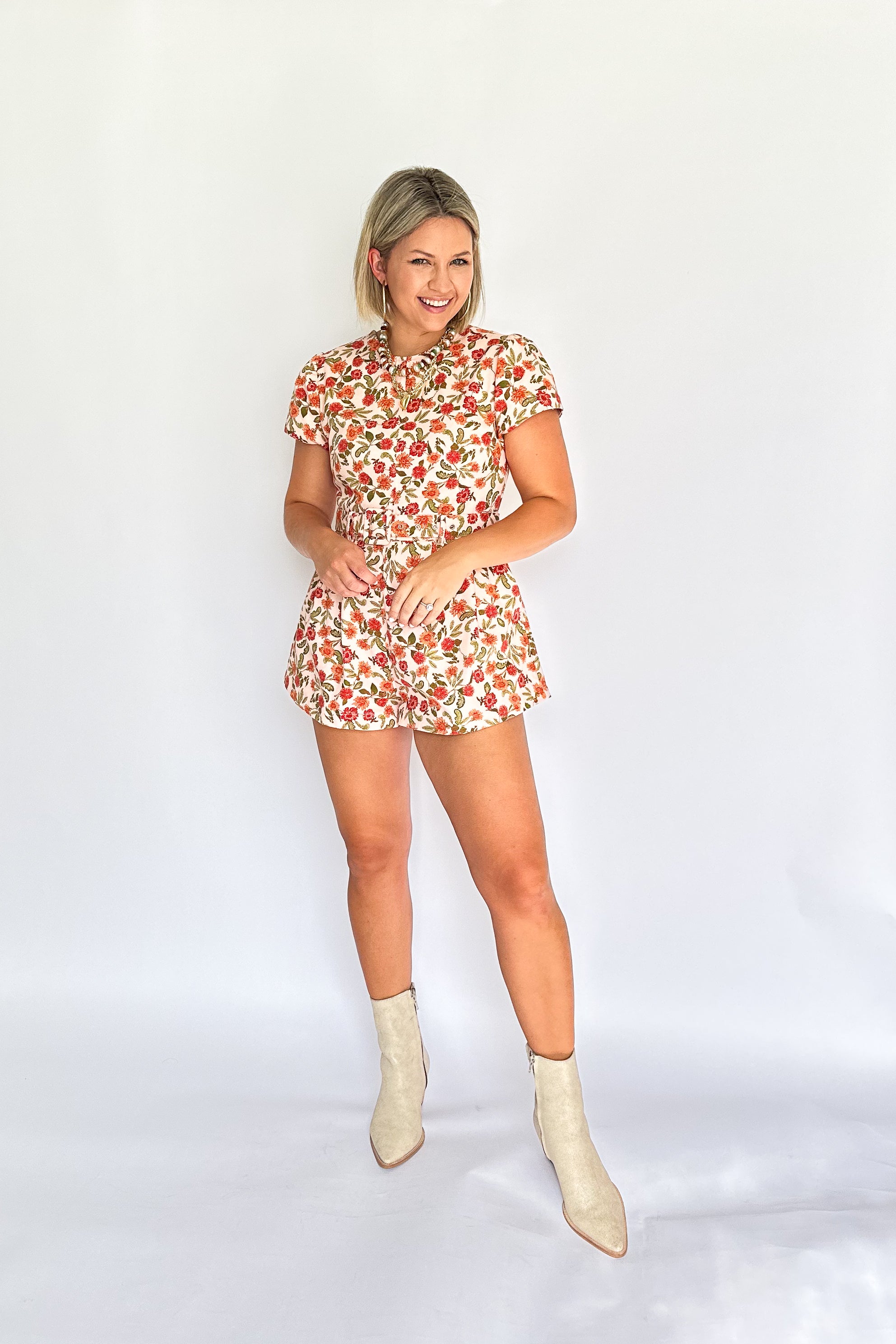 olivaceous floral denim romper