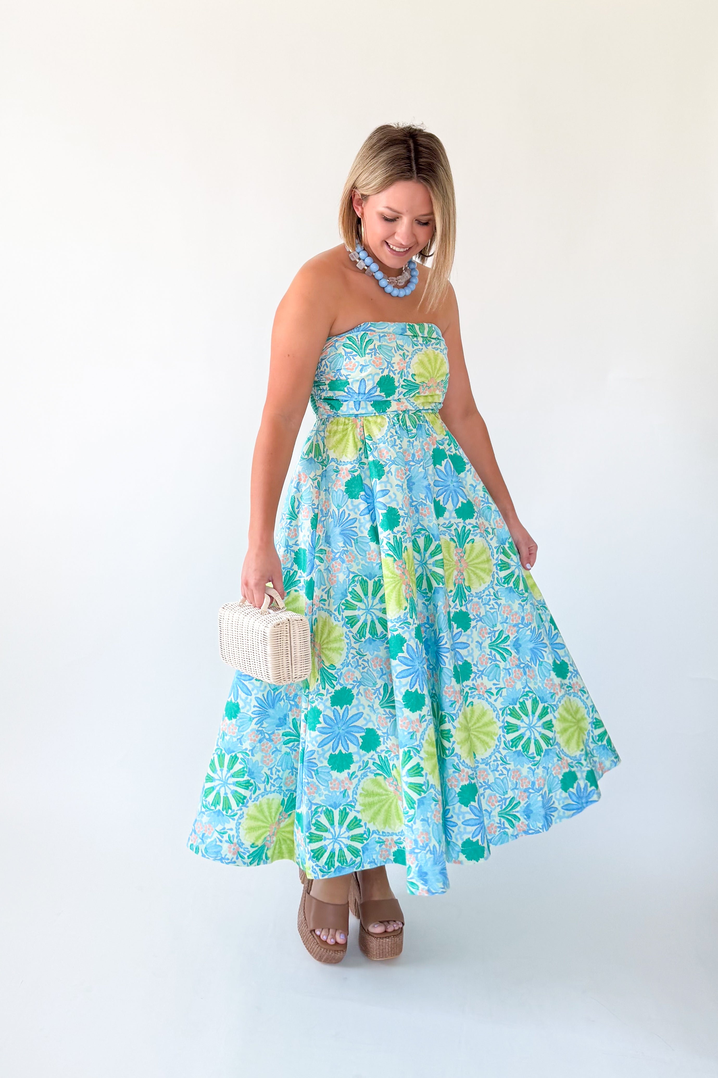 olivaceous lime and blue printed maxi dress