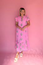 entro hot pink maxi dress with green embroidery
