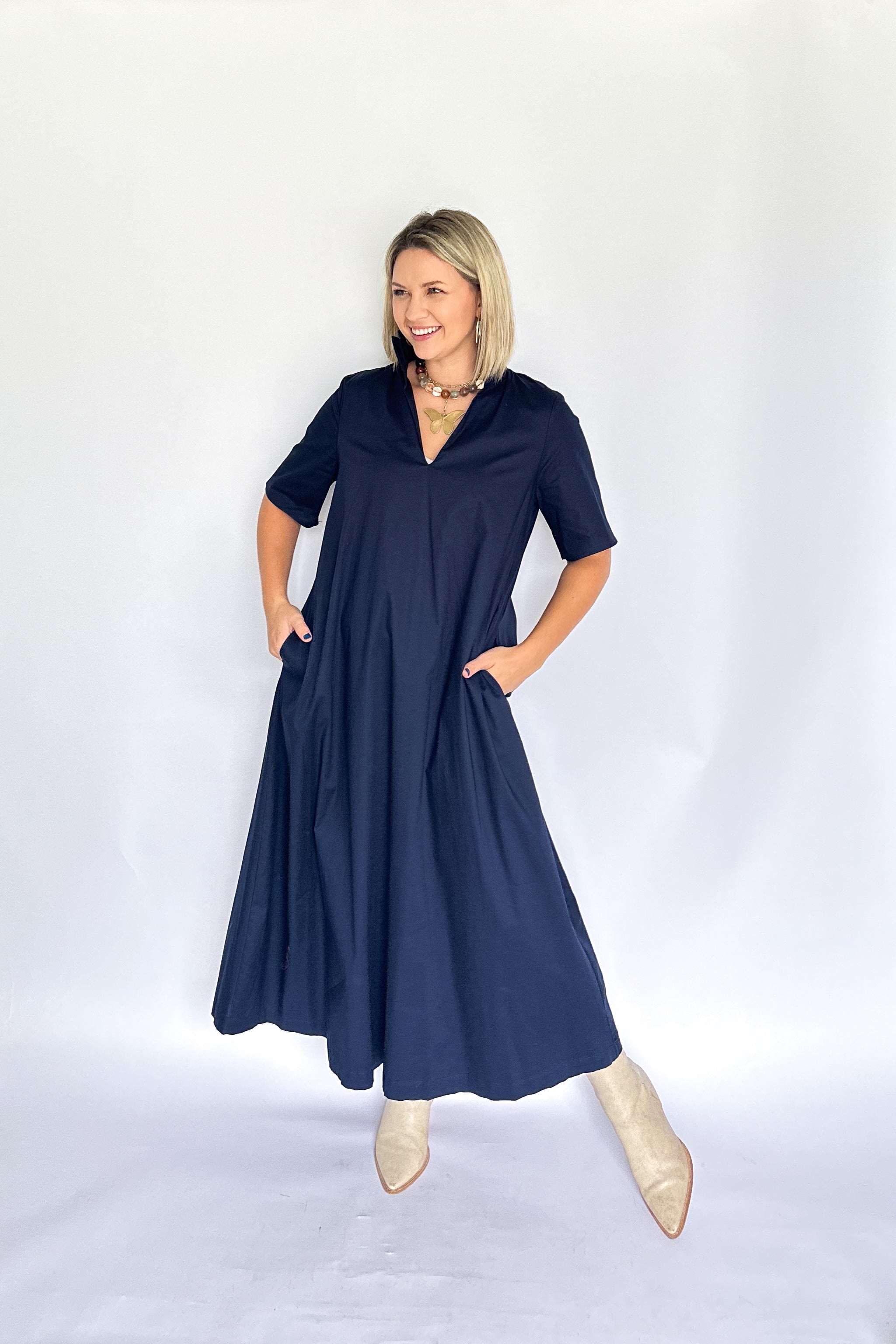 adrienne navy pop collar maxi