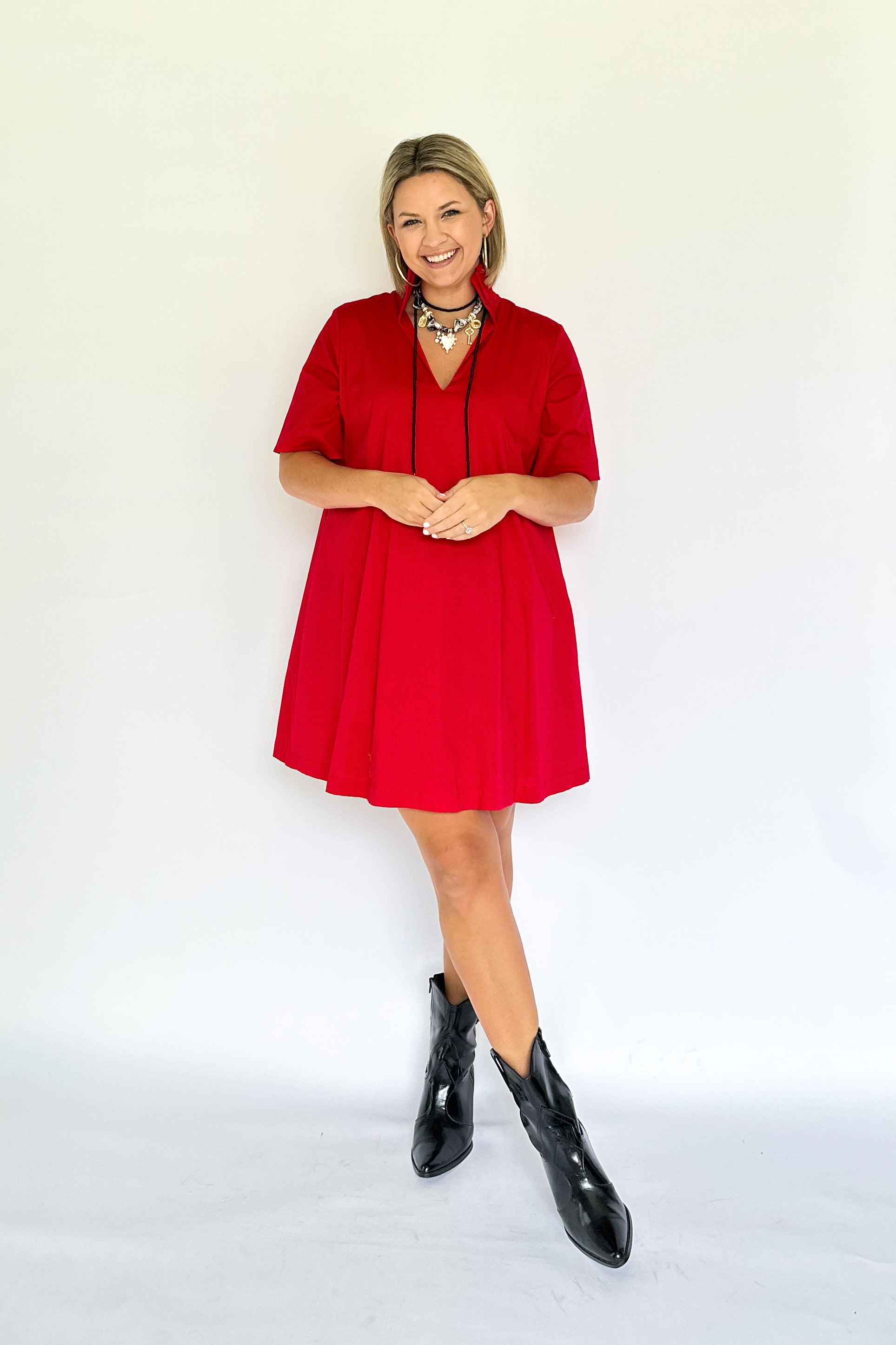 adrienne red pop collar mini dress
