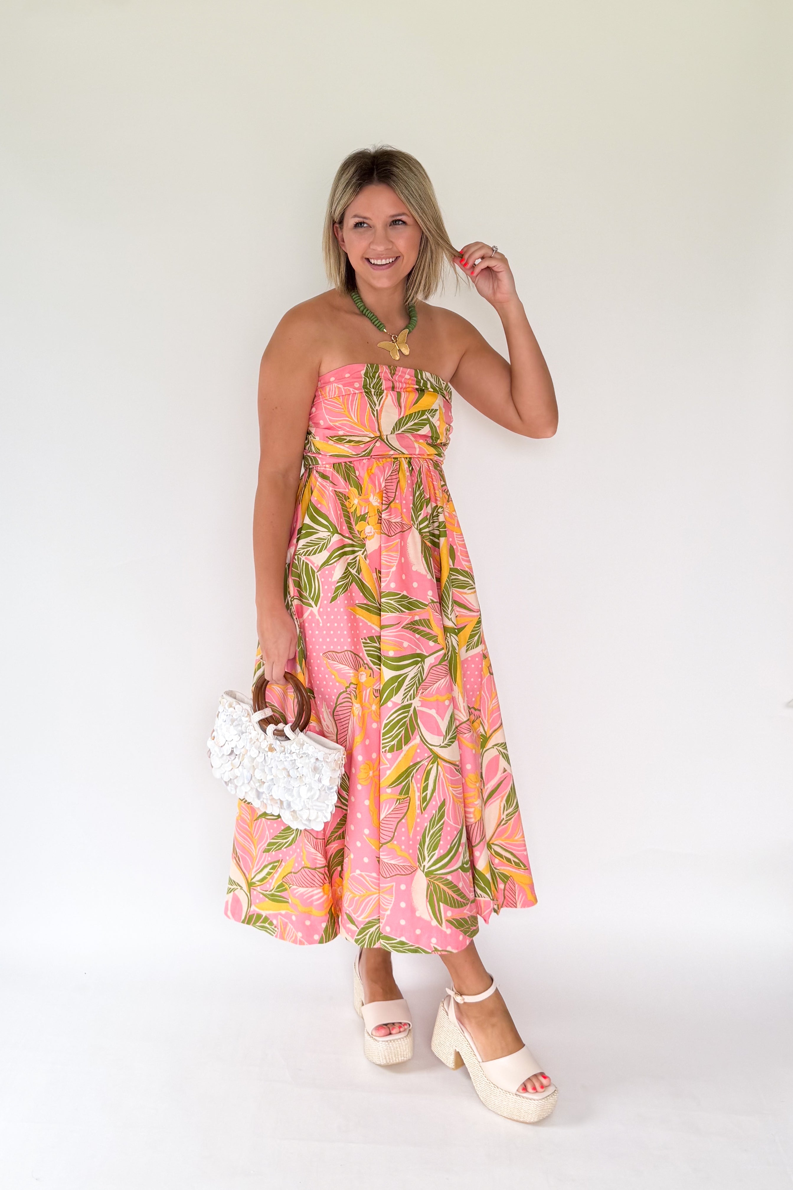 olivaceous floral midi dress