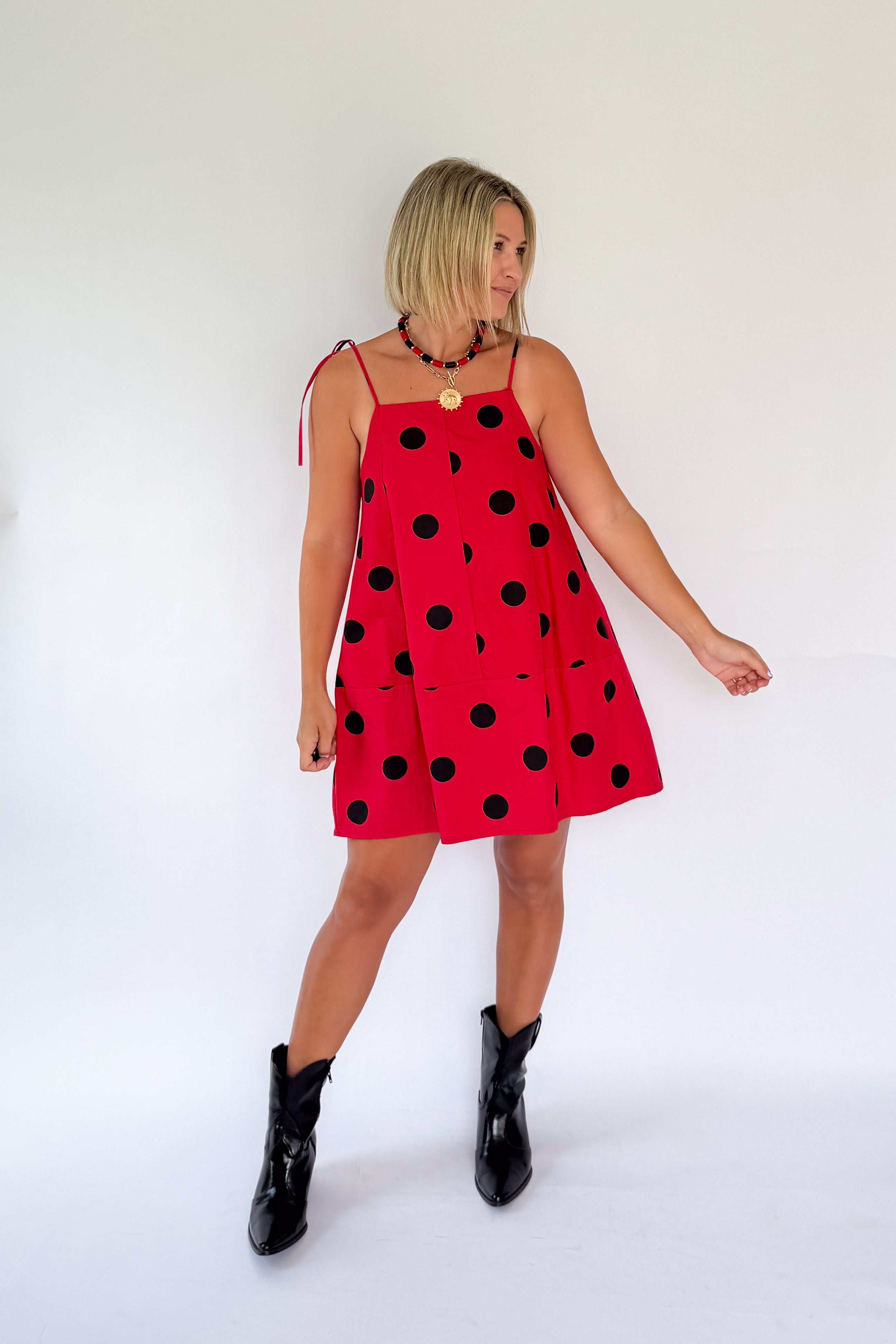 PEACH LOVE CALIFORNIA RED & BLACK POLKA DOT MINI DRESS