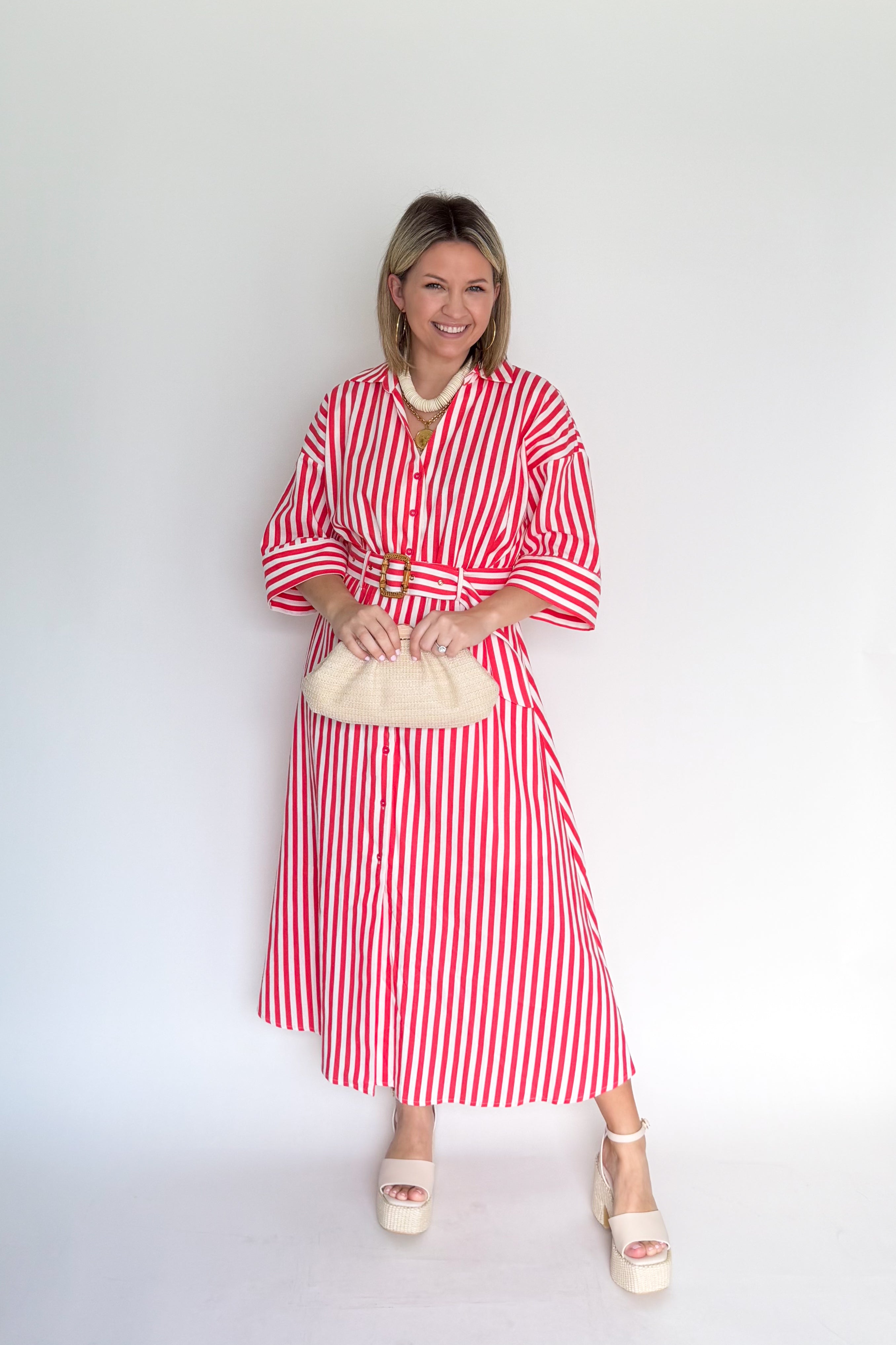 entro red and ivory stripe maxi dress