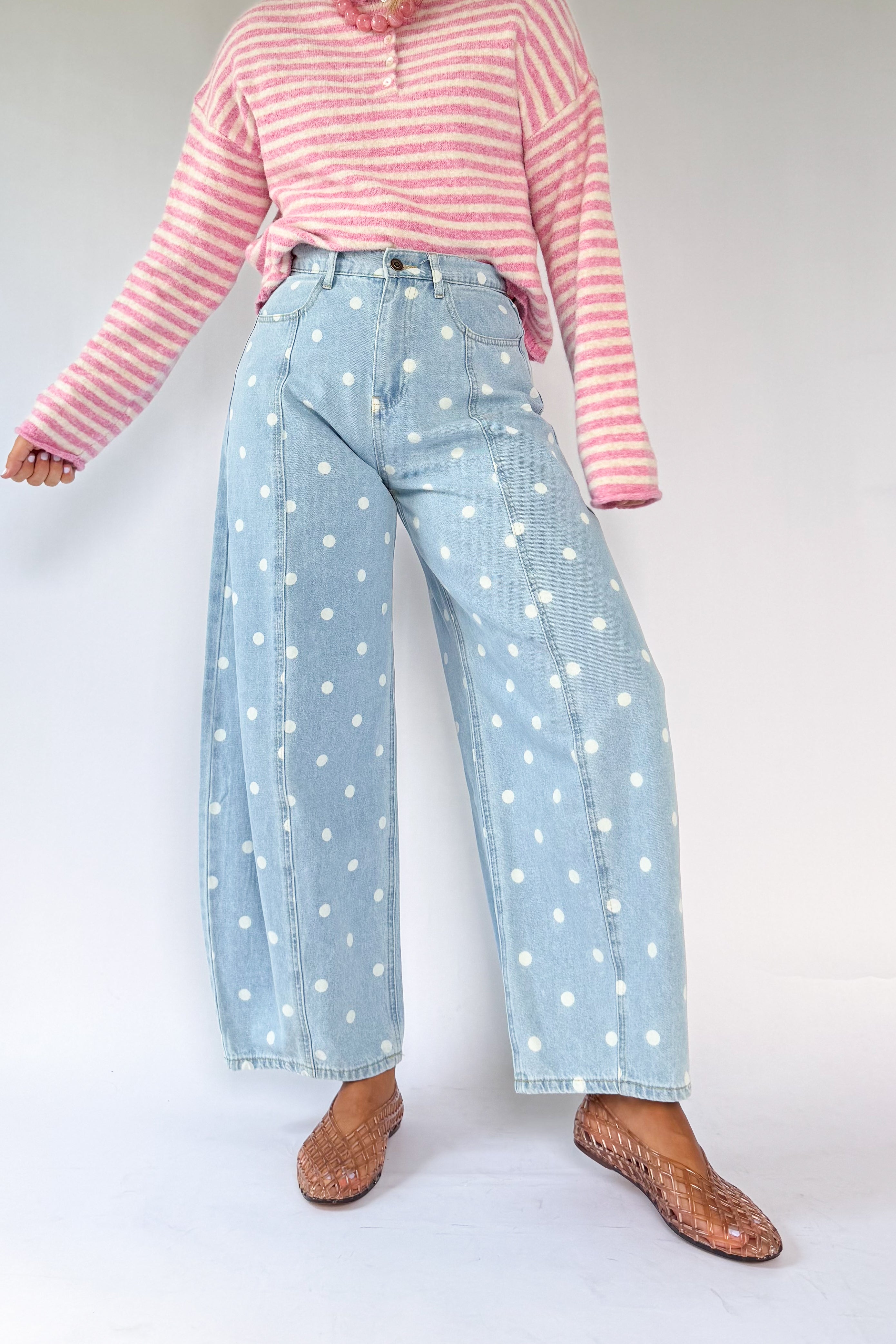 peach love California denim polka dot barrel pant