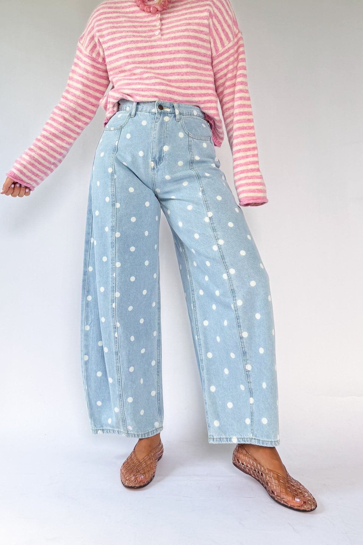 peach love California denim polka dot barrel pant