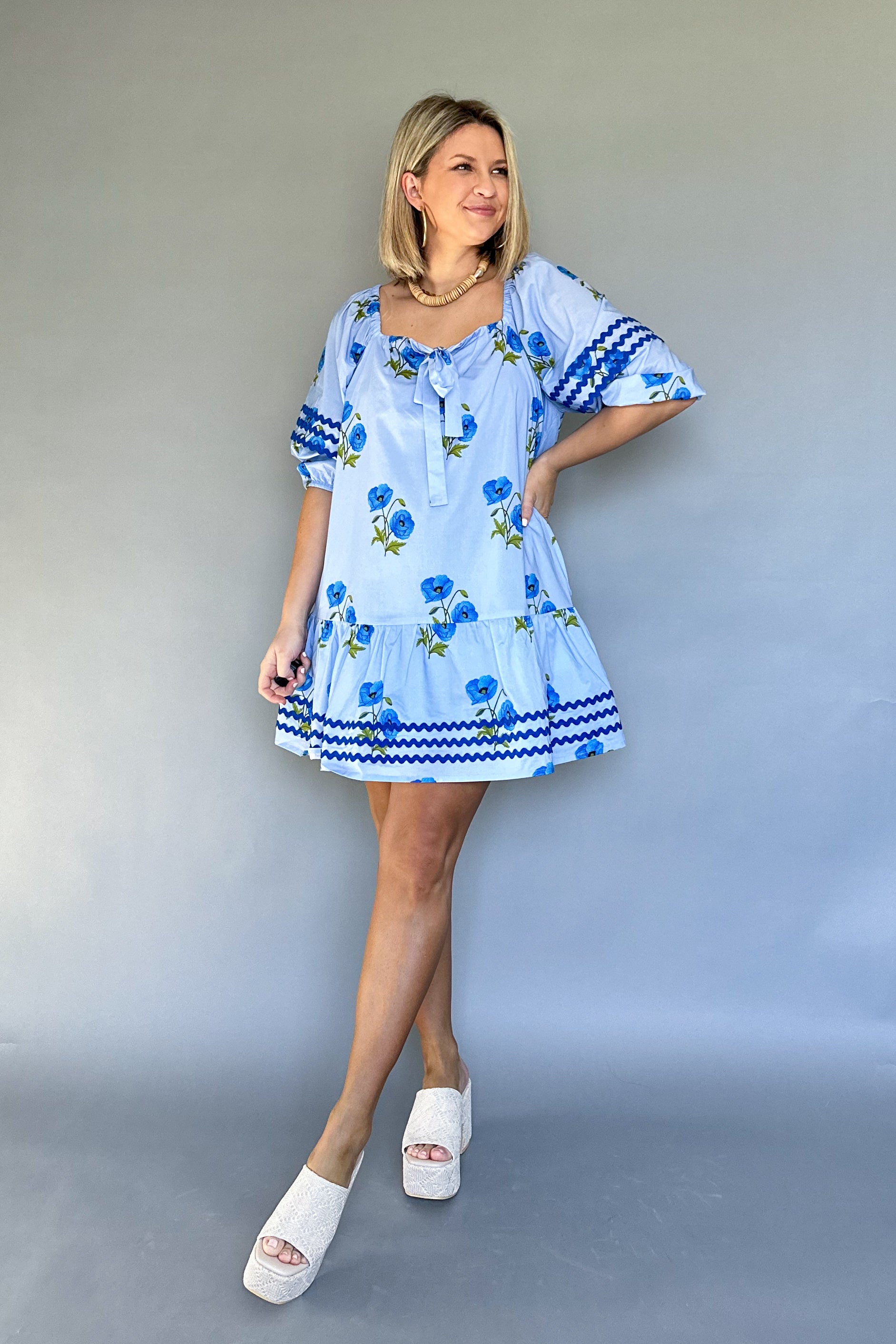 entro blue floral mini dress with ric rac