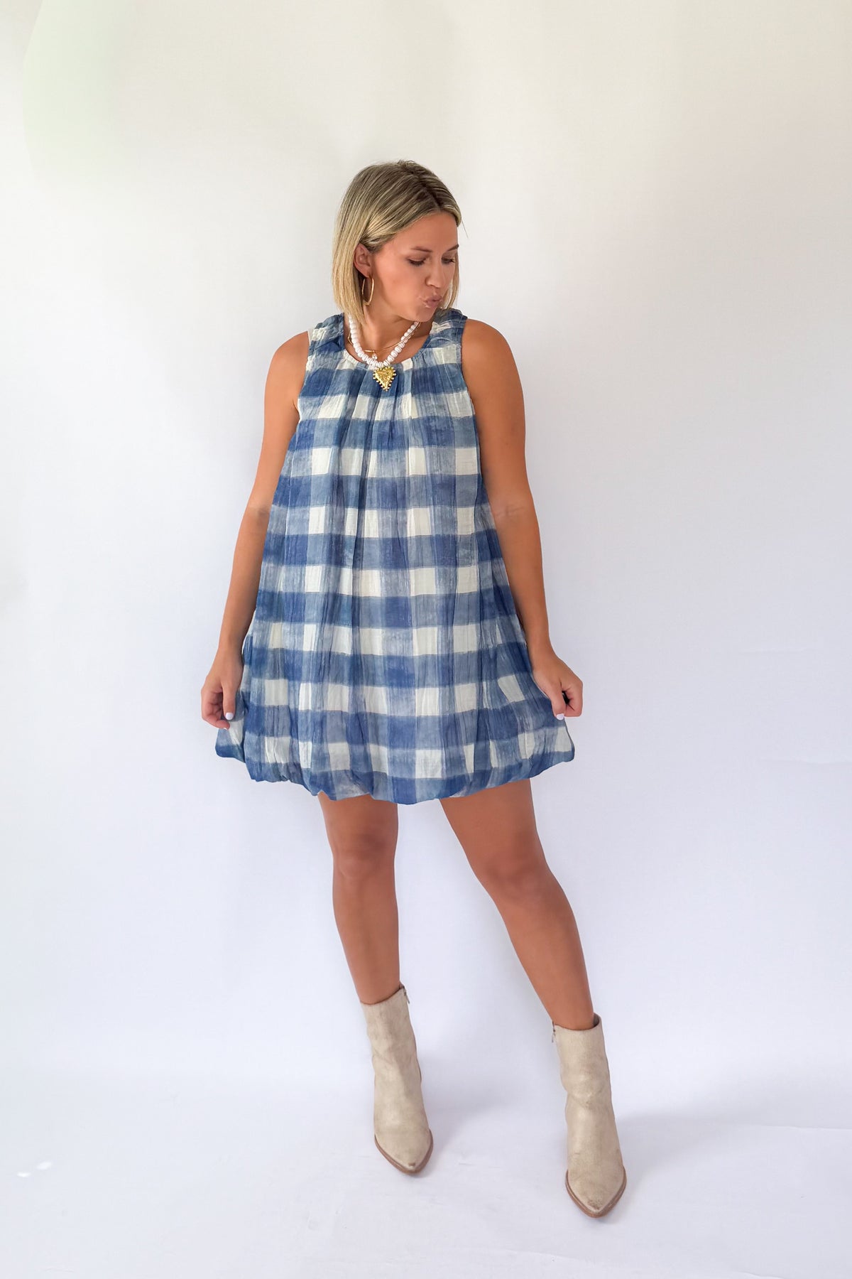 sofie the label navy & white gingham bubble mini dress