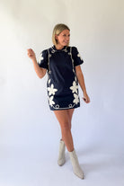 tcec navy mini dress with ivory floral embroidery