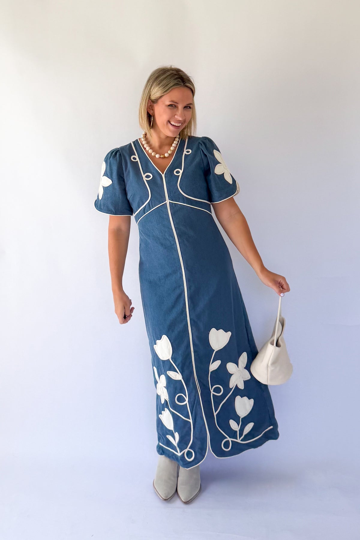 tcec denim maxi dress with white floral embroidery