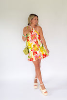 tech floral halter mini dress