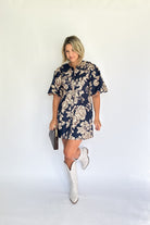 olivaceous floral navy mini dress
