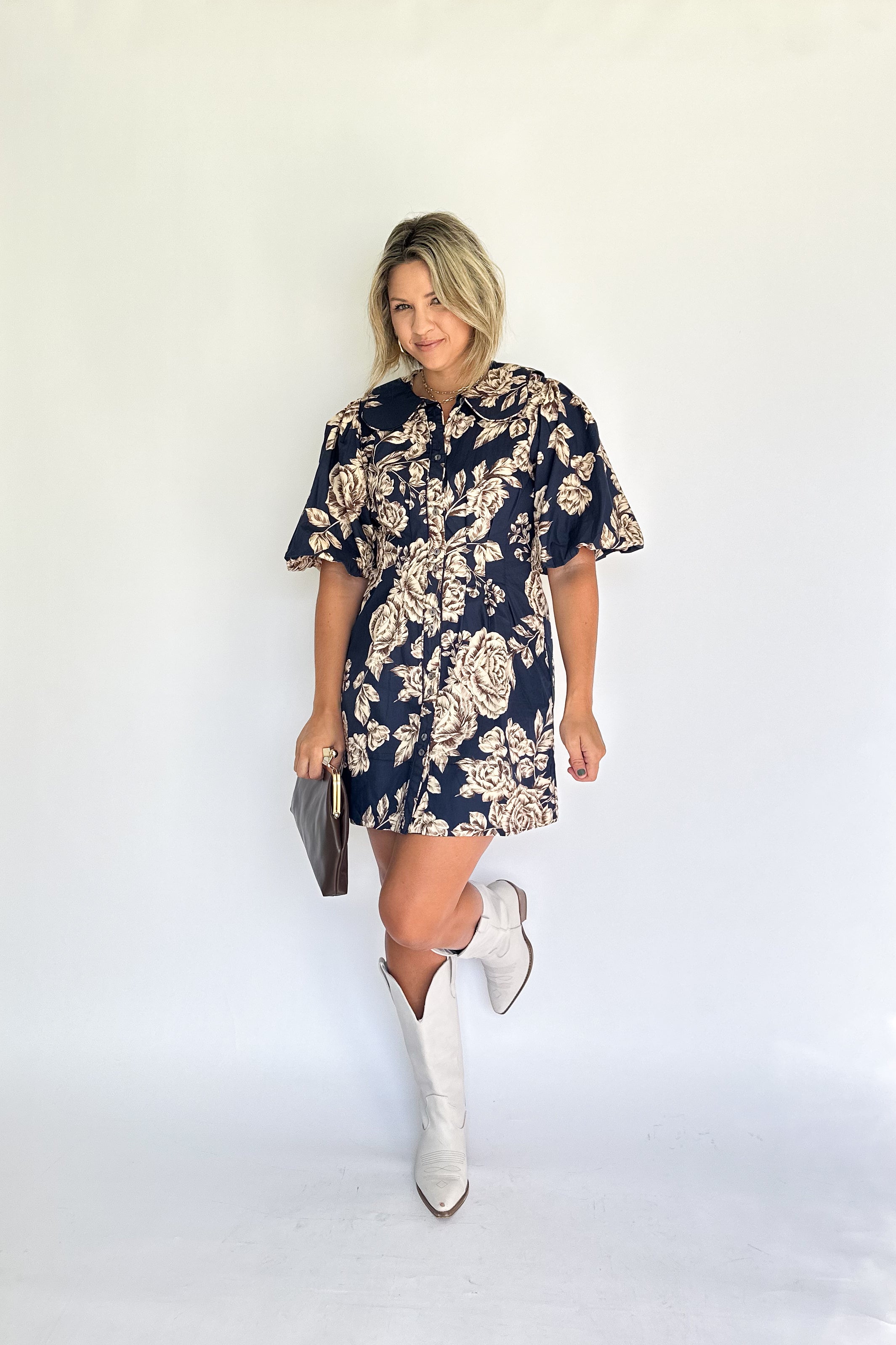olivaceous floral navy mini dress