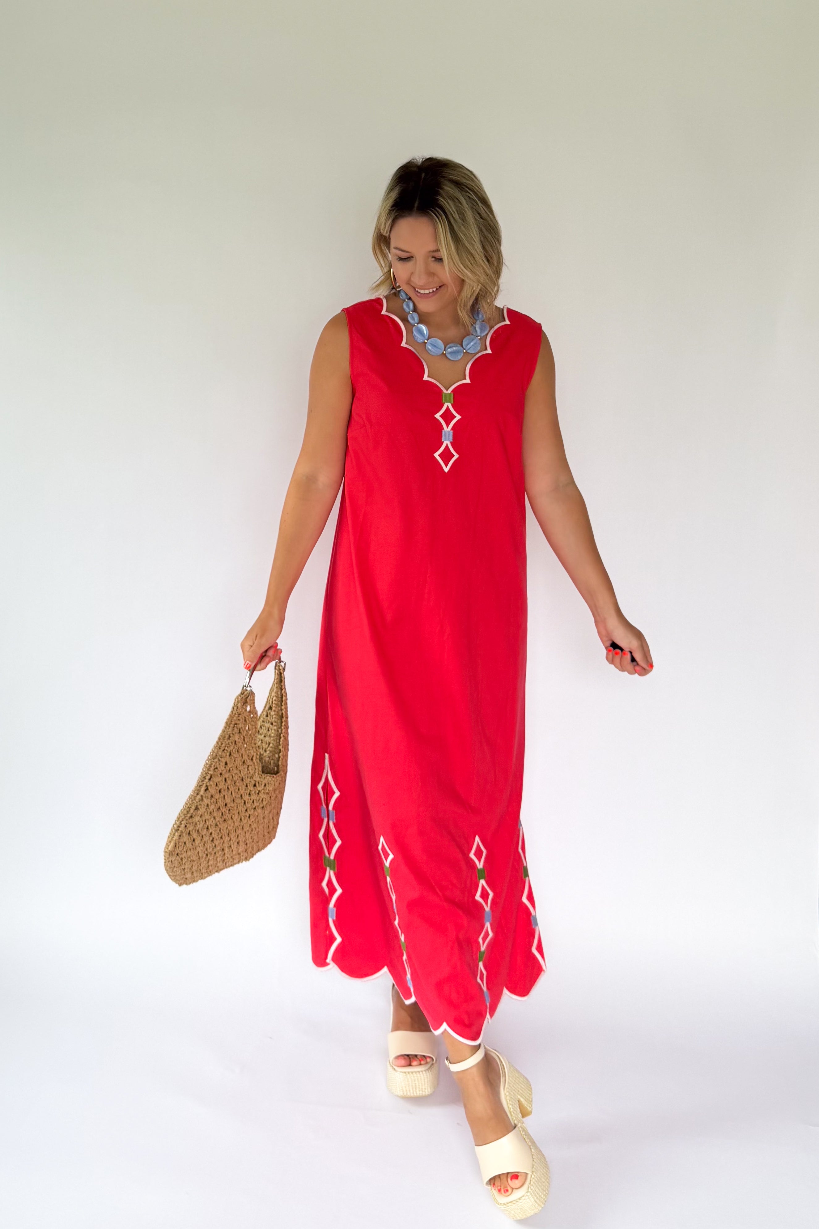 karlie coral embroidered scallop maxi