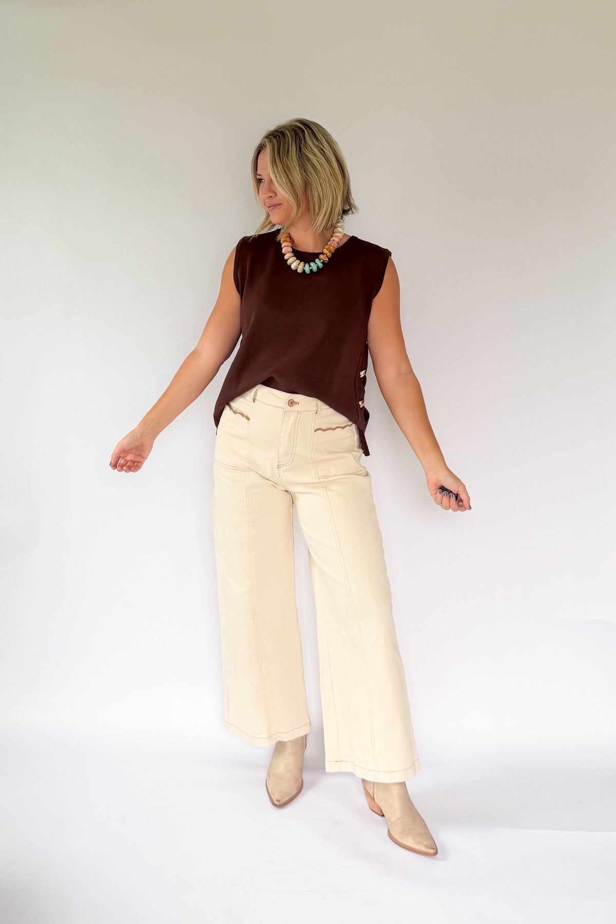 entro brown sweater top with gold buttons