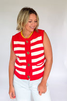 entro red & white sweater with gold buttons