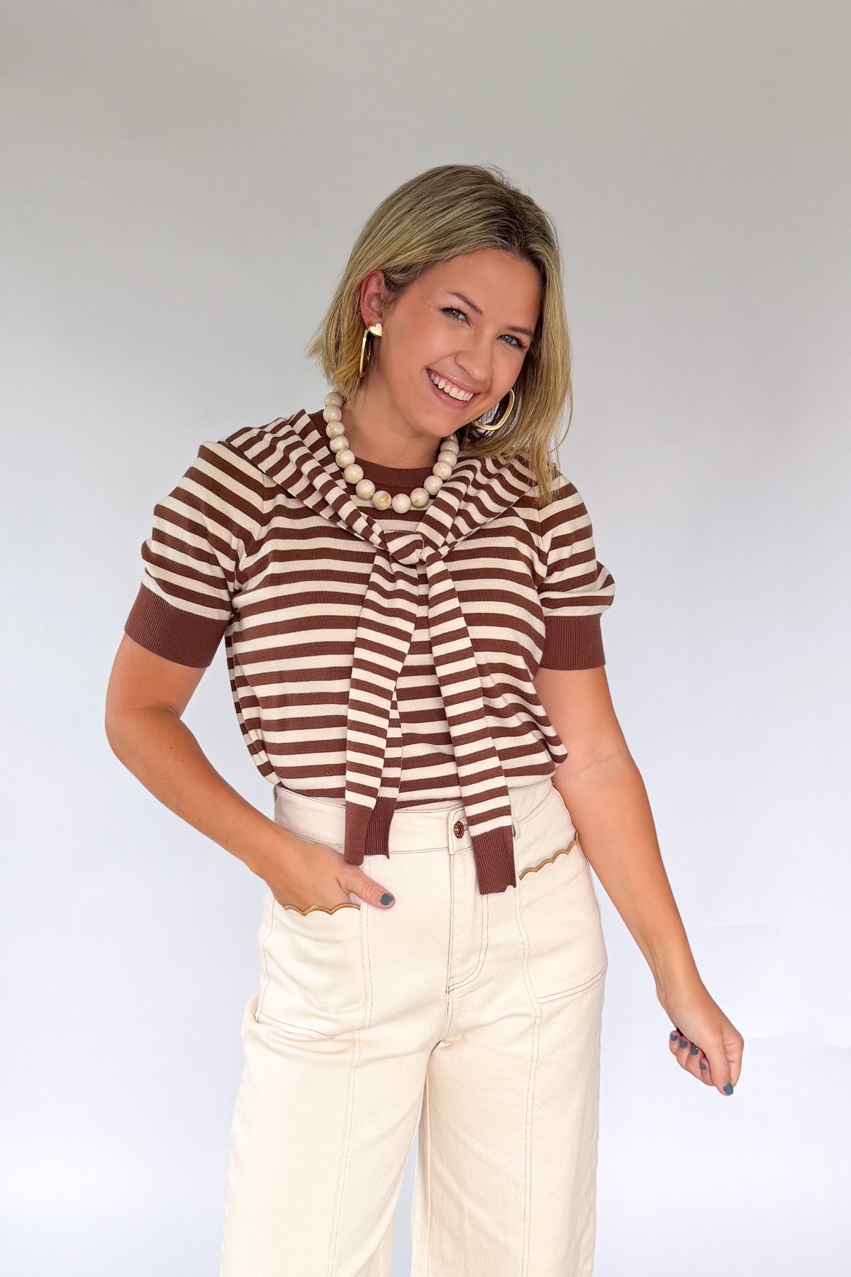 entro brown and ivory stripe top with cardigan detail