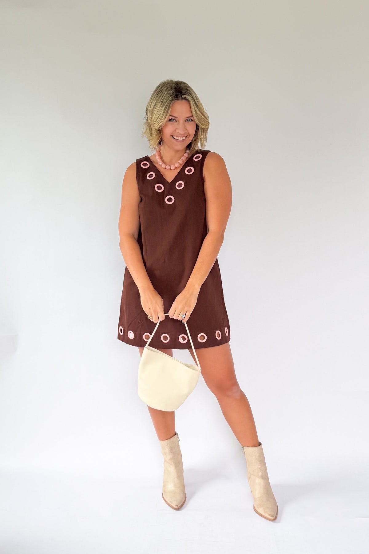 tcec chocolate brown mini dress with pink circles