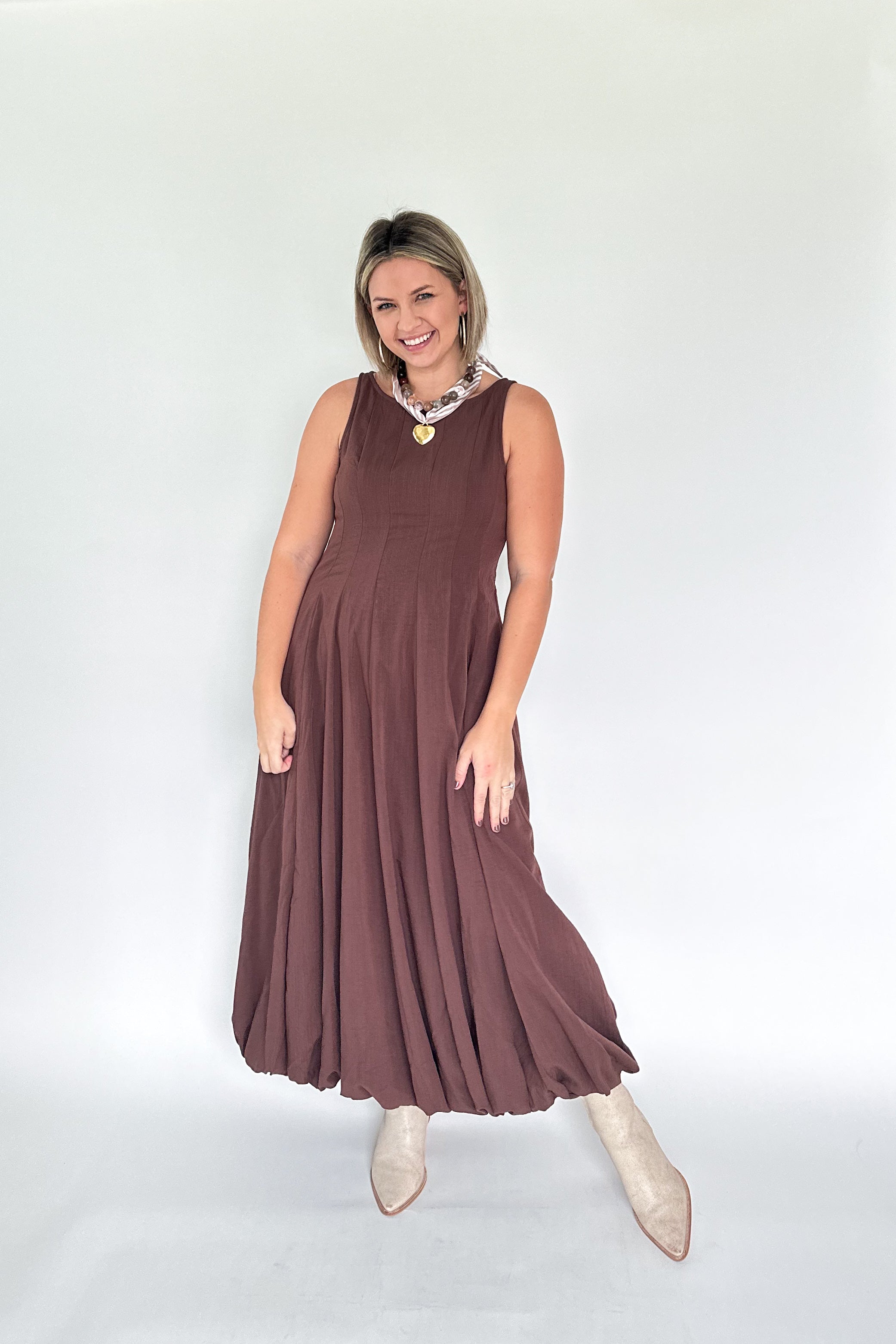 entro brown bubble maxi dress
