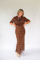 sofie the label brown and pink polka dot satin maxi skirt