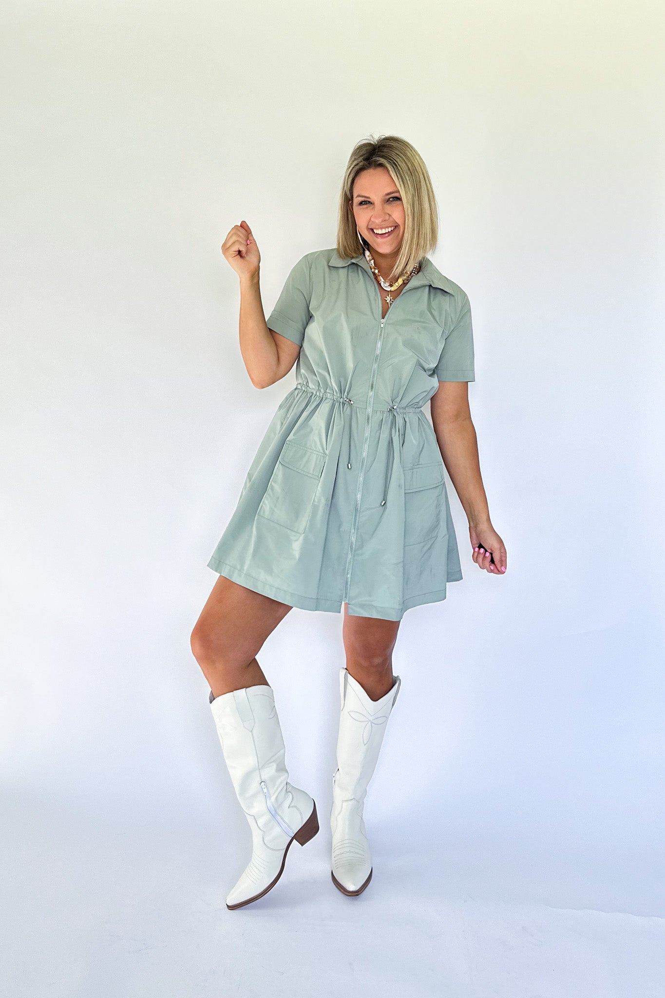 sage green mini dress by karlie